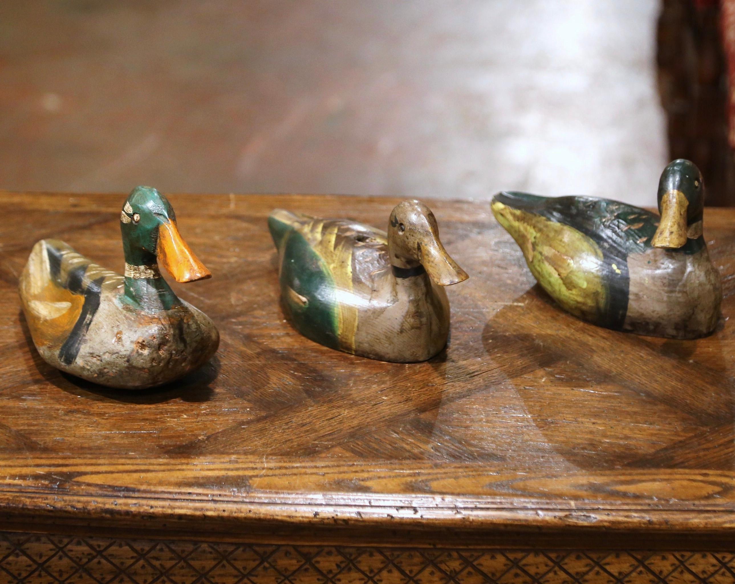 Hand-Carved 19th Century French Carved and Hand Painted Duck Decoys, Set of Eleven