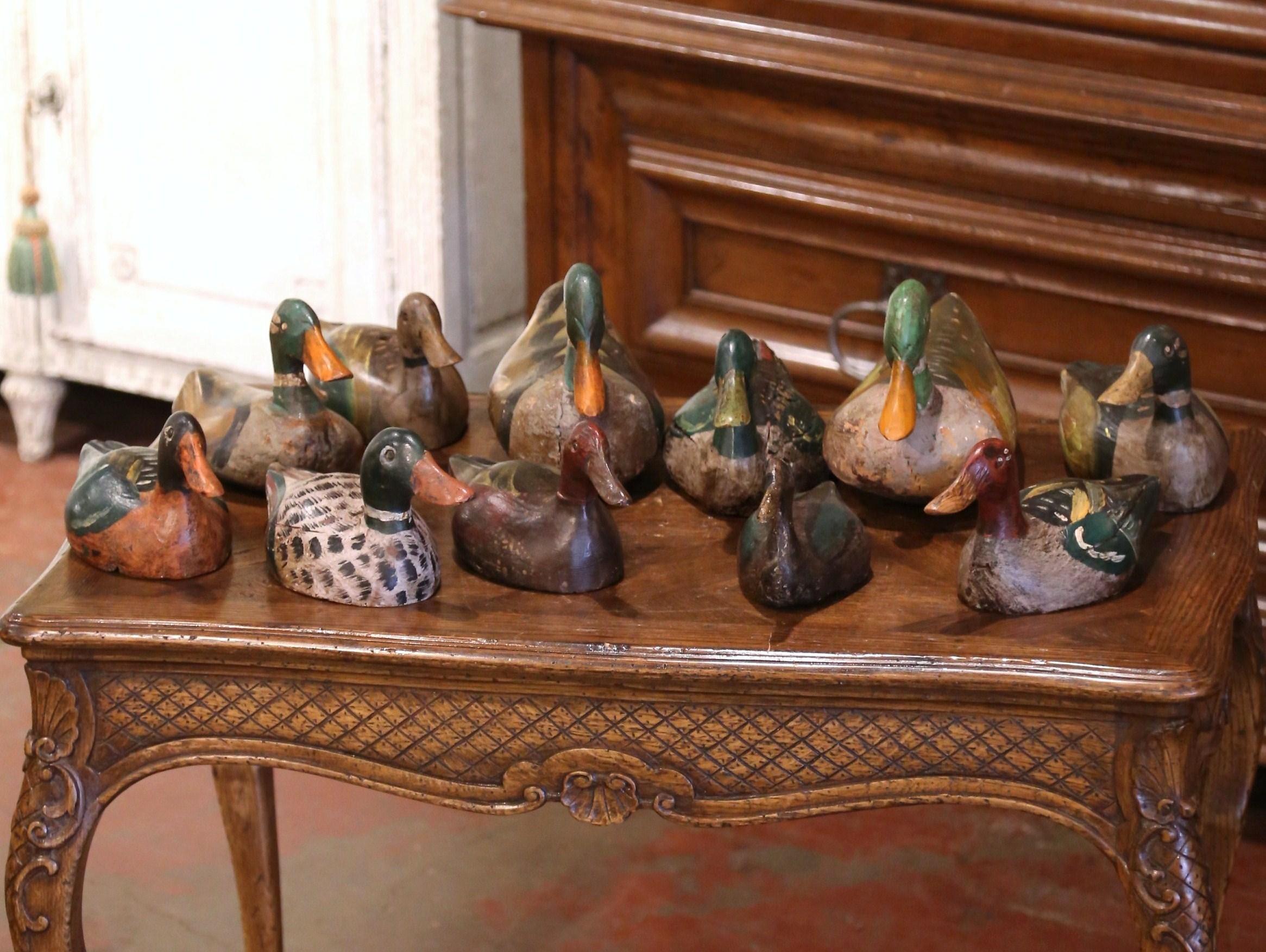 Wood 19th Century French Carved and Hand Painted Duck Decoys, Set of Eleven