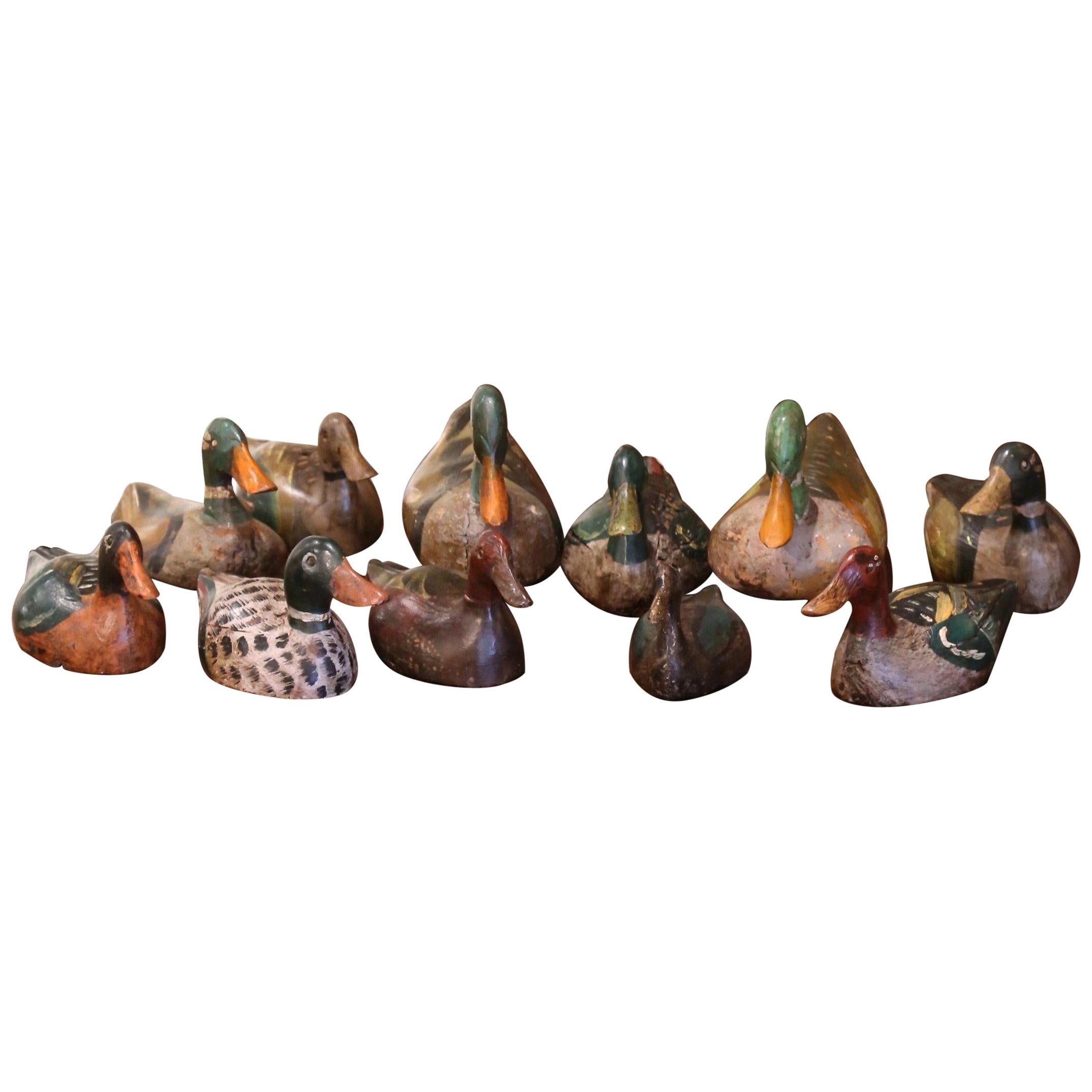 19th Century French Carved and Hand Painted Duck Decoys, Set of Eleven