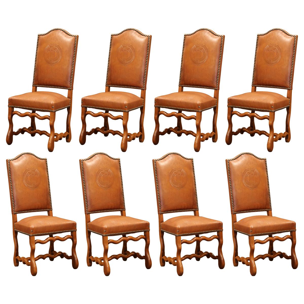 19th Century French Carved and Leather Sheep Bone Dining Chairs- Set of Eight