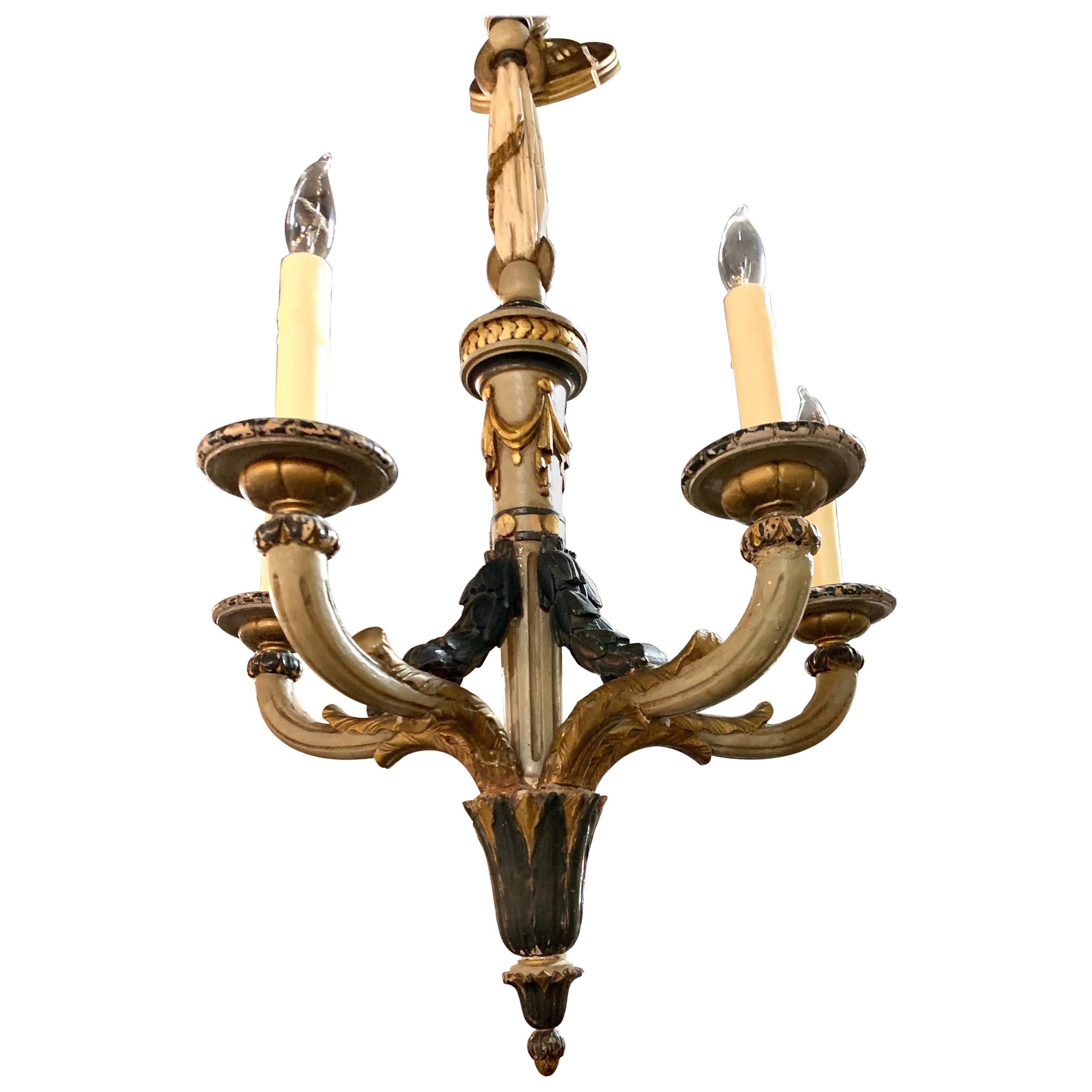 19th Century French Carved and Painted 5-Light Wood Chandelier