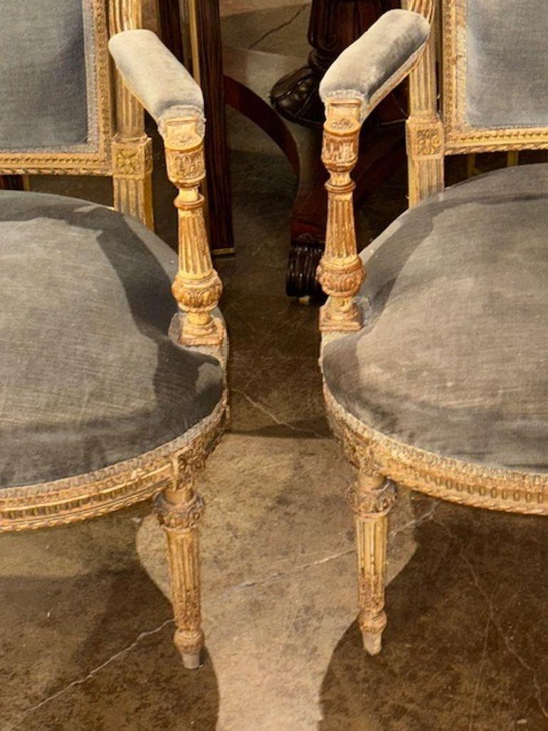 These 19th Century French Louis XVI armchairs are a stunning representation of antique furniture, with intricate carvings and a beautifully painted finish. The craftsmanship of these chairs transports you back to the elegance and sophistication of