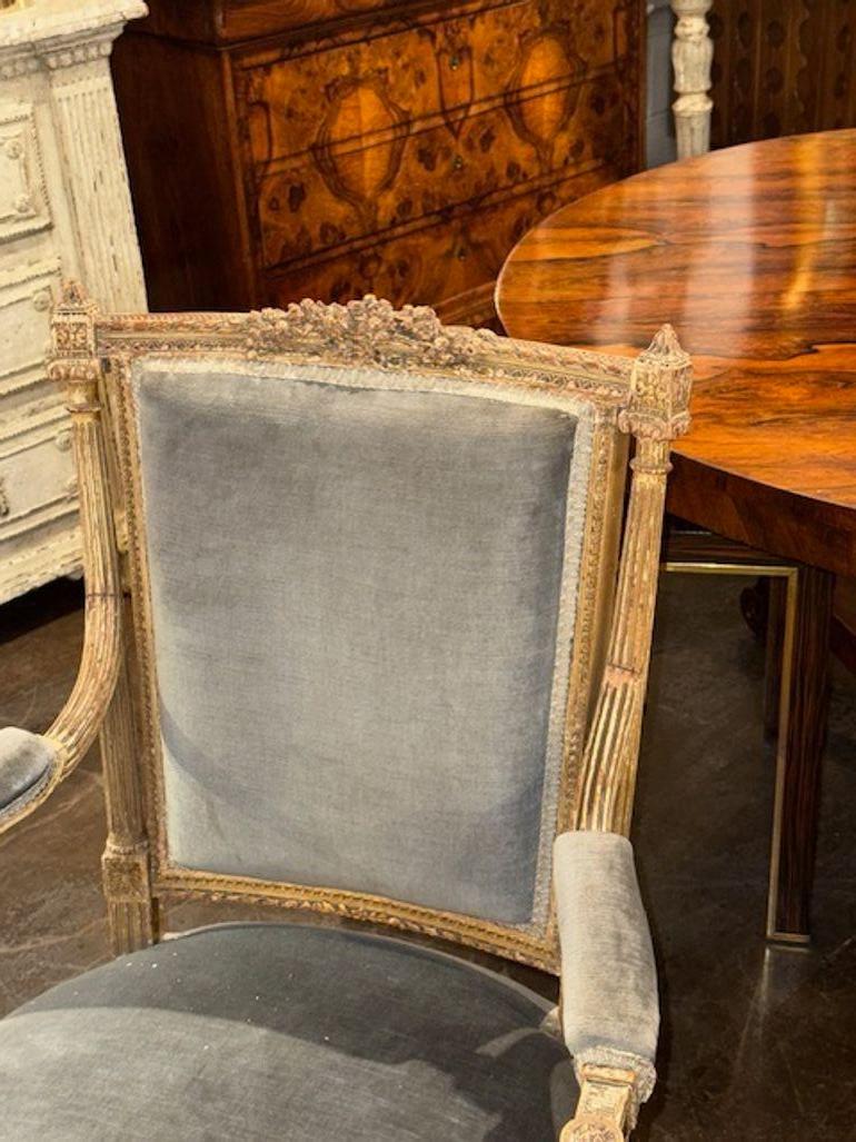 Upholstery 19th Century French Carved and Painted Louis XVI Painted Armchairs For Sale