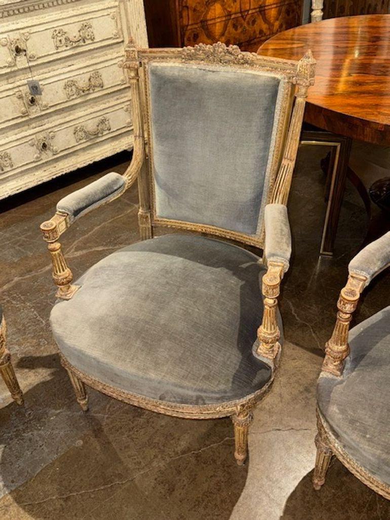 19th Century French Carved and Painted Louis XVI Painted Armchairs For Sale 1