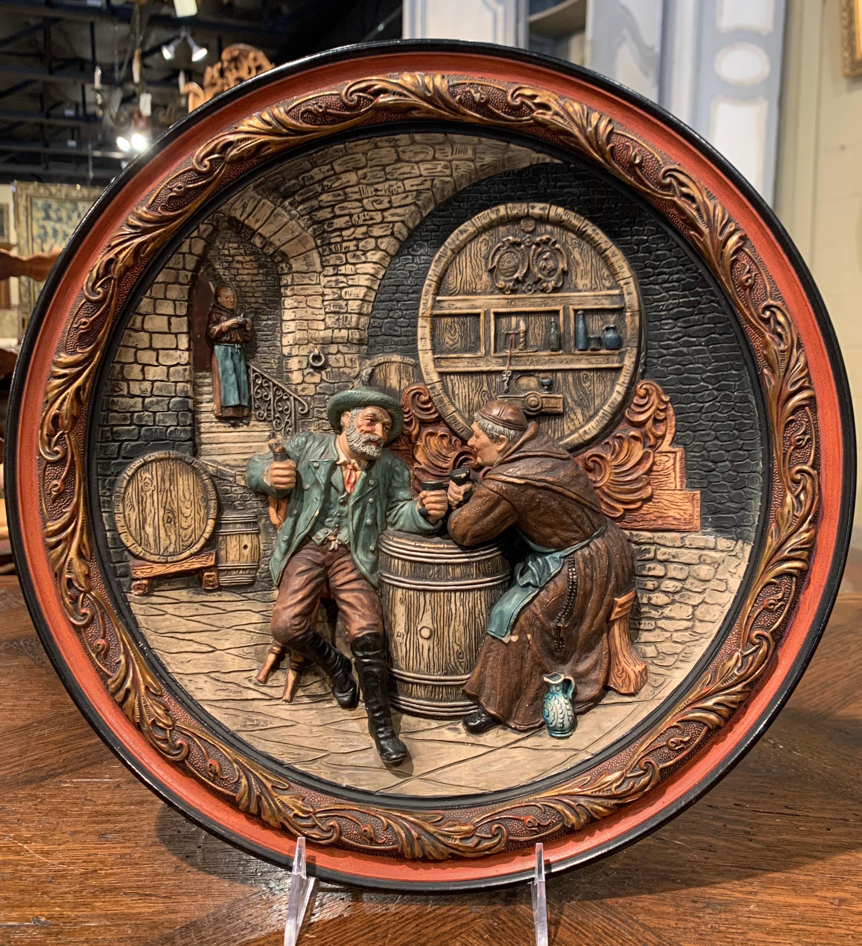 19th Century French Carved and Painted Terracotta Wine Cellar Wall Platter In Excellent Condition In Dallas, TX