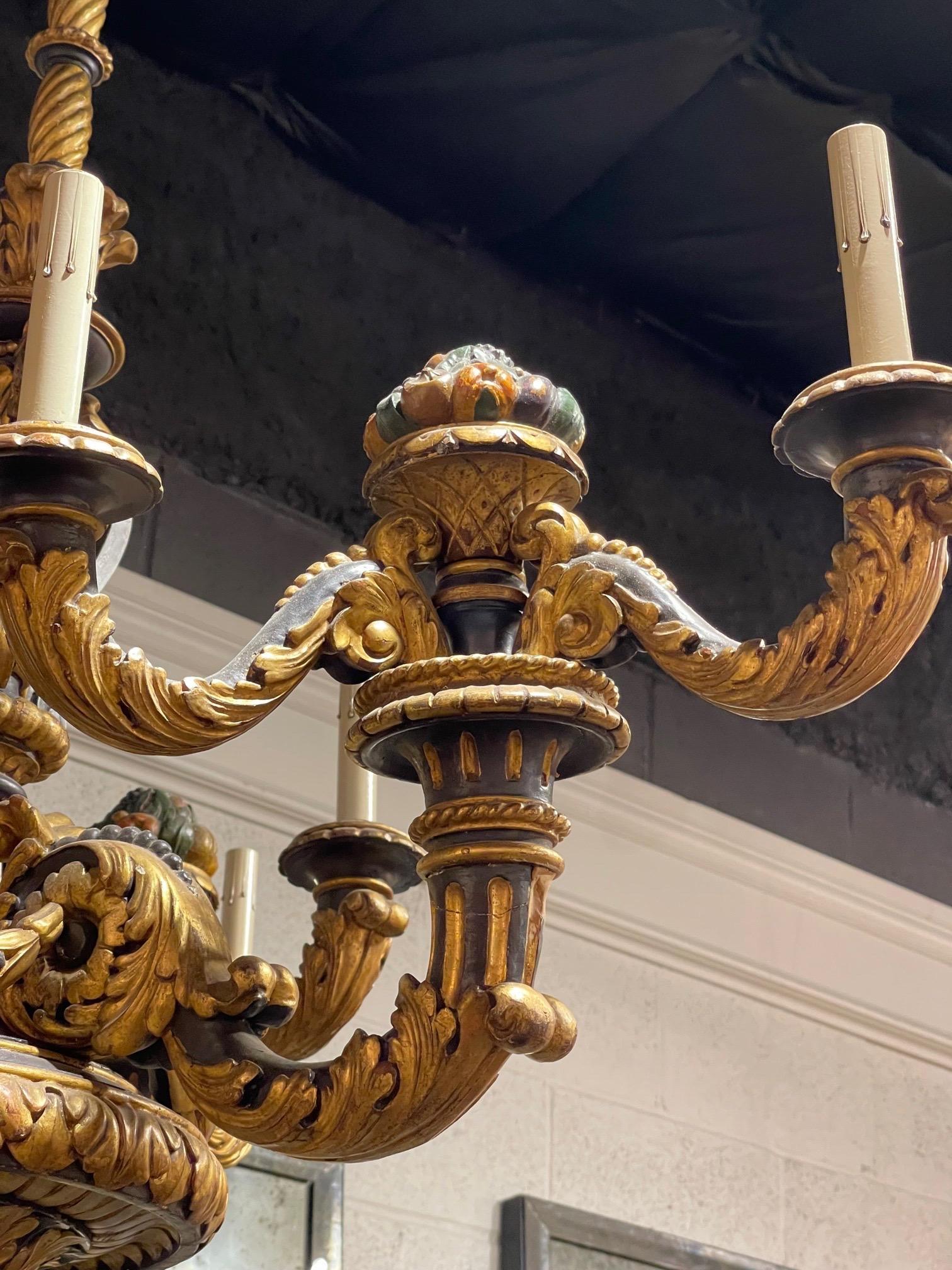 19th Century French Carved and Poly Chromed 9 Light Wood Chandelier In Good Condition For Sale In Dallas, TX