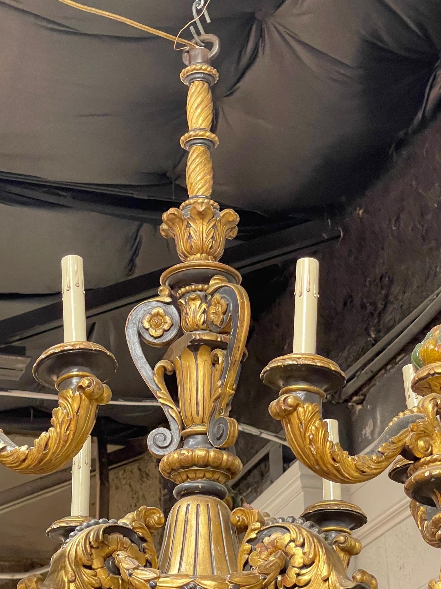 19th Century French Carved and Poly Chromed 9 Light Wood Chandelier For Sale 2