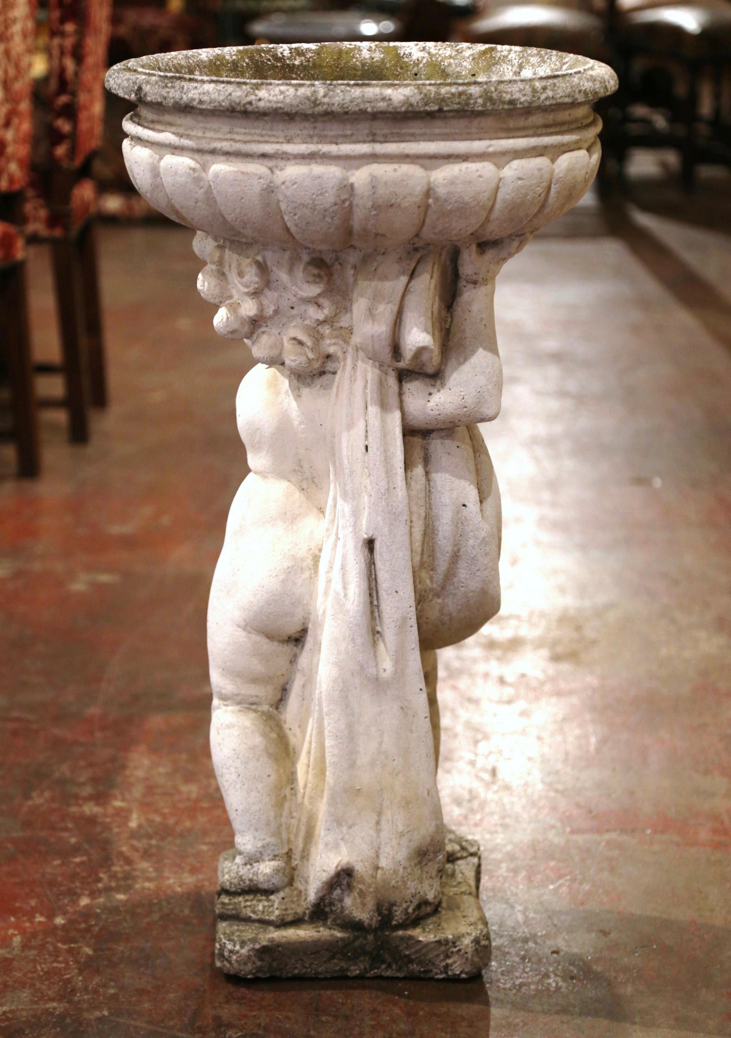 19th Century French Carved and Weathered Outdoor Stone Planter with Cherub 3