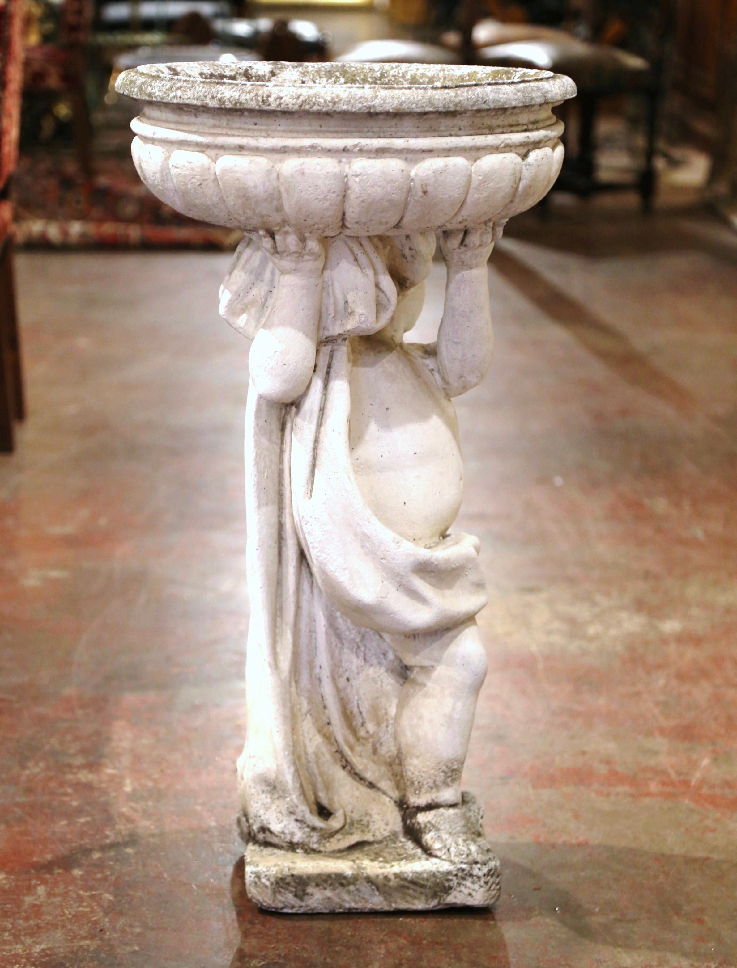 19th Century French Carved and Weathered Outdoor Stone Planter with Cherub 1