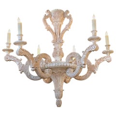 Antique 19th Century French Carved and White Washed 6 Light Chandelier