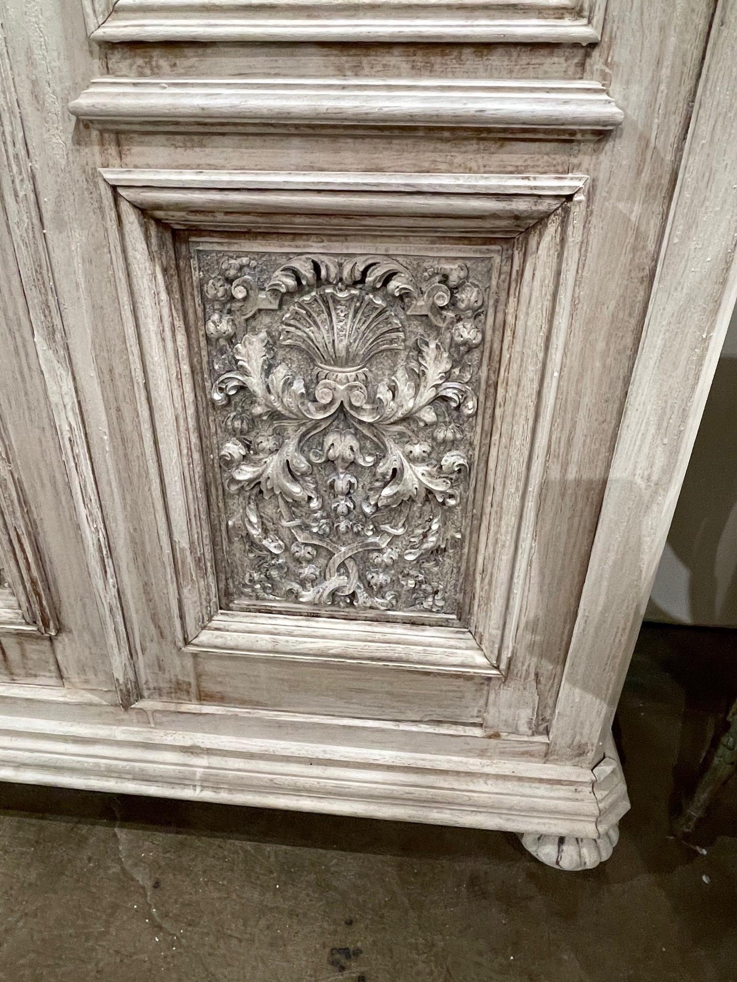 19th Century French Carved and White Washed Oak Cabinet 1