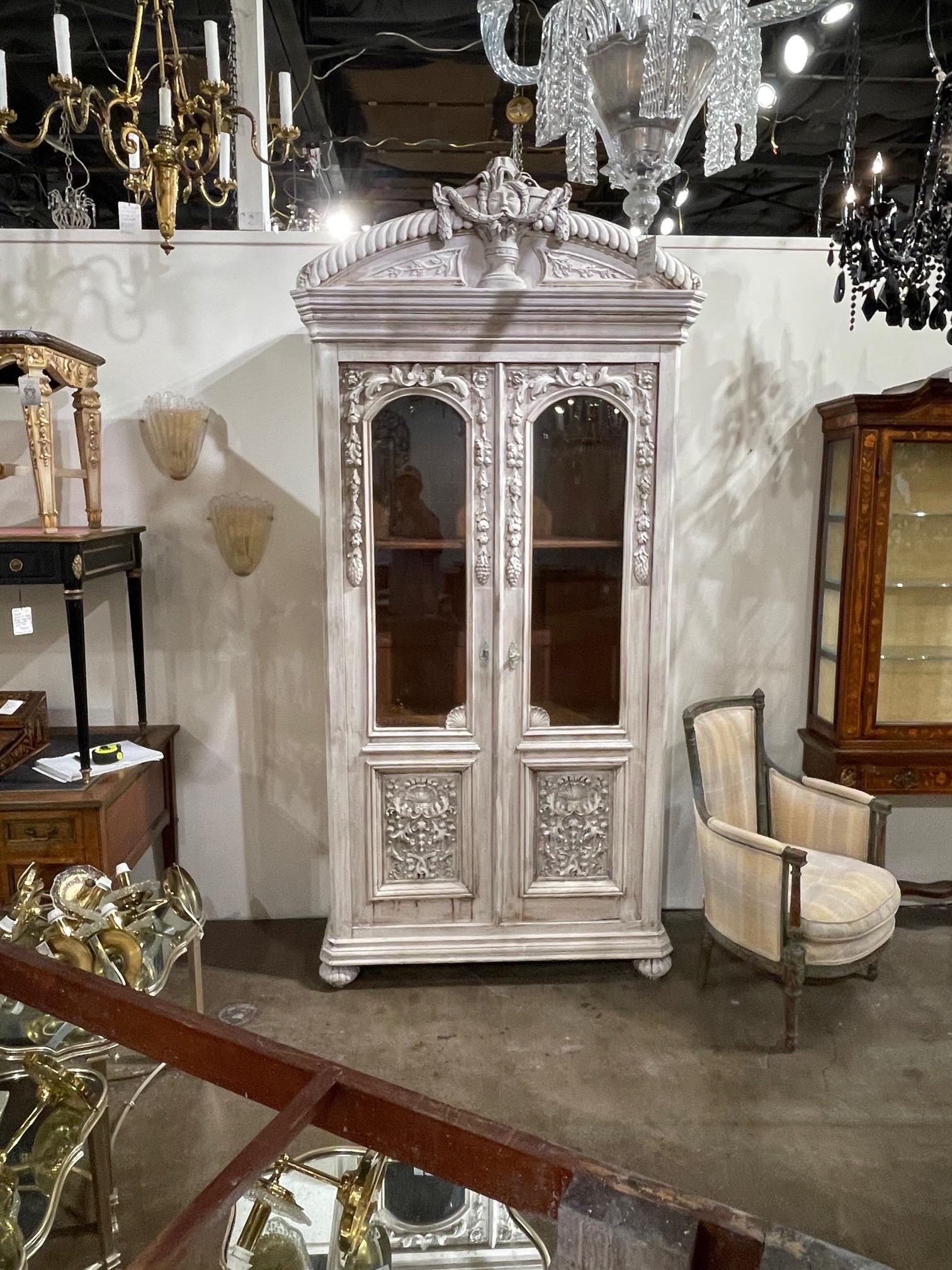 19th Century French Carved and White Washed Oak Cabinet 5
