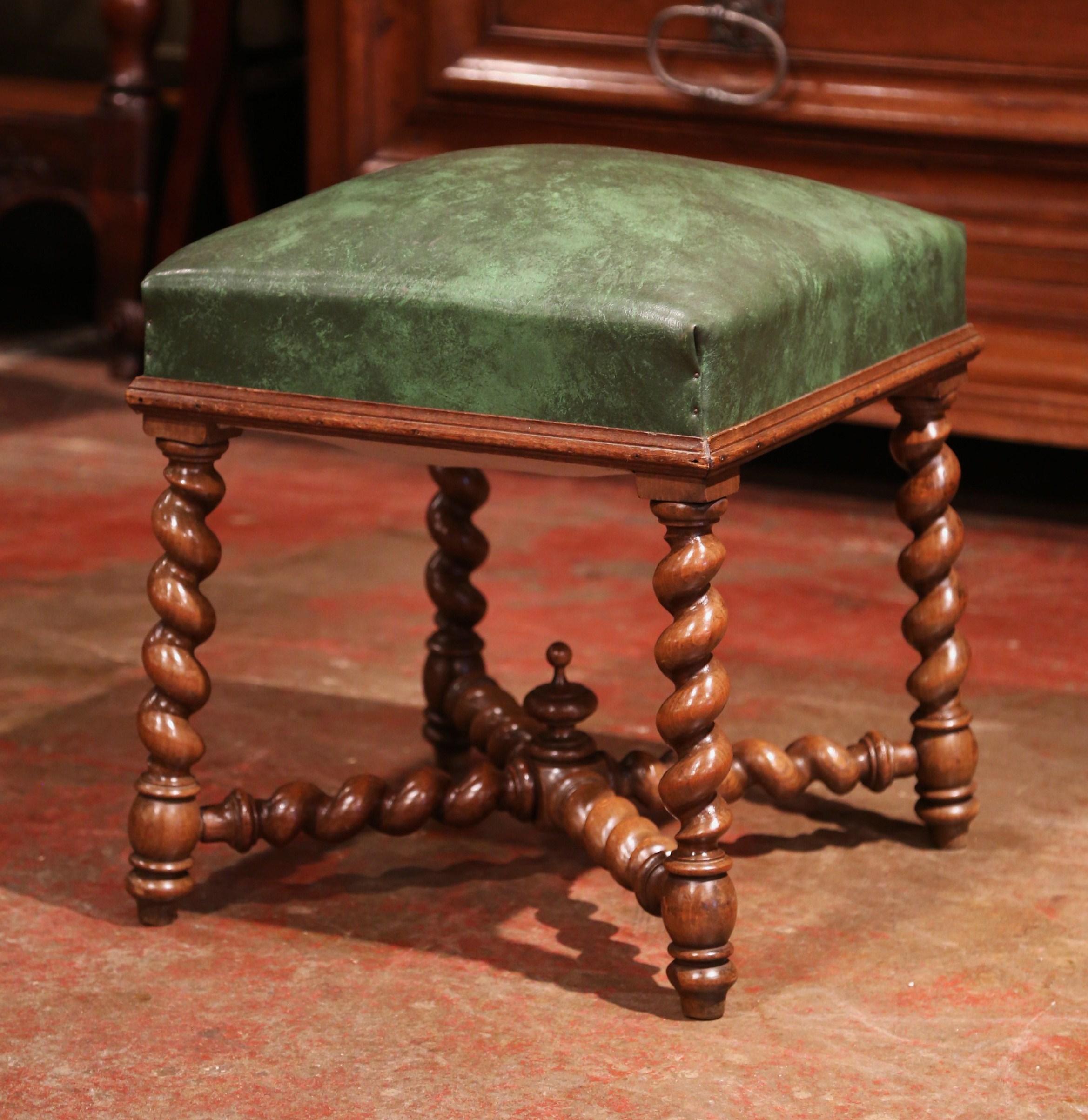 Hand-Carved 19th Century French Carved Barley Twist Walnut and Leather Stools, Set of Four