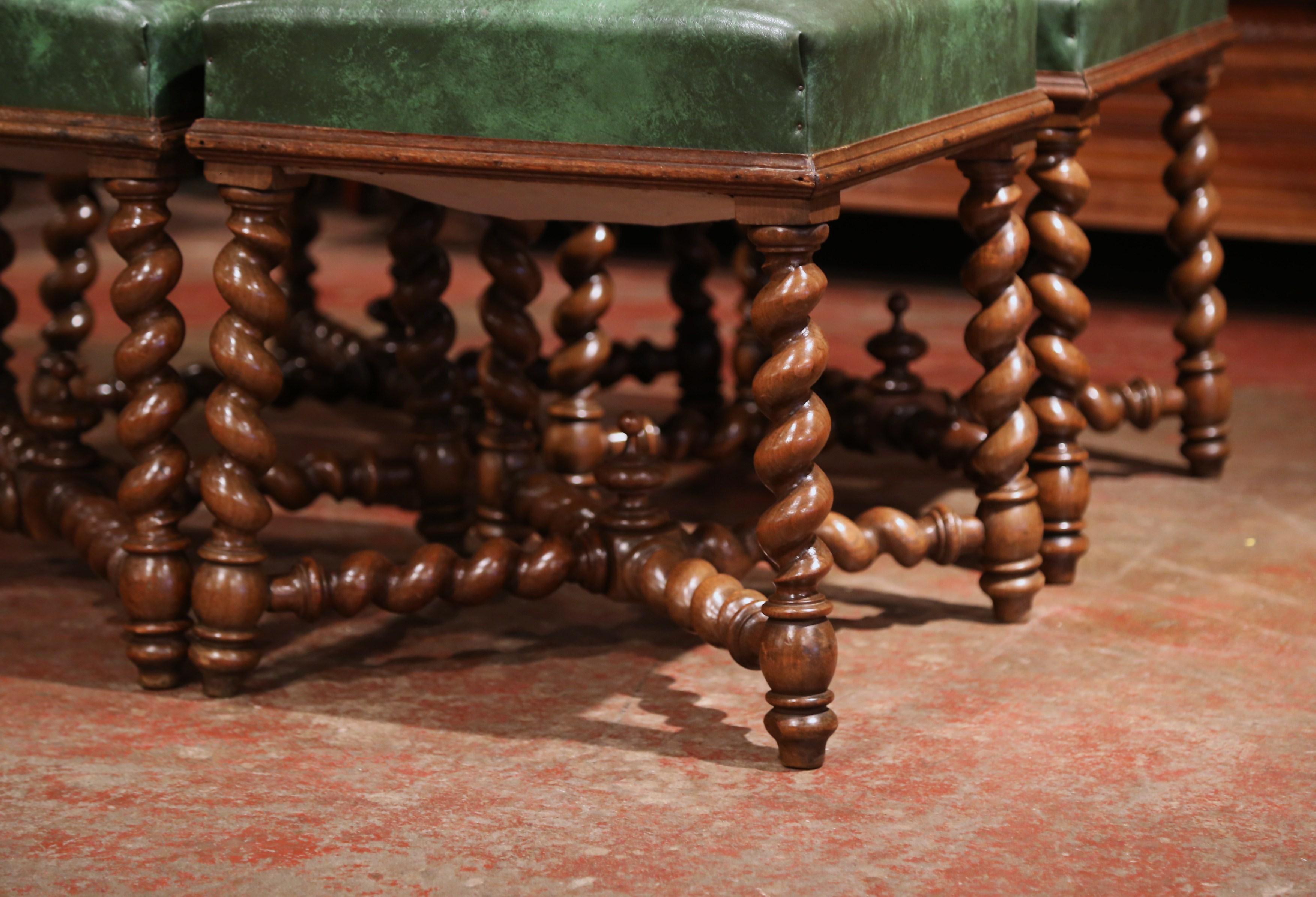19th Century French Carved Barley Twist Walnut and Leather Stools, Set of Four In Excellent Condition In Dallas, TX