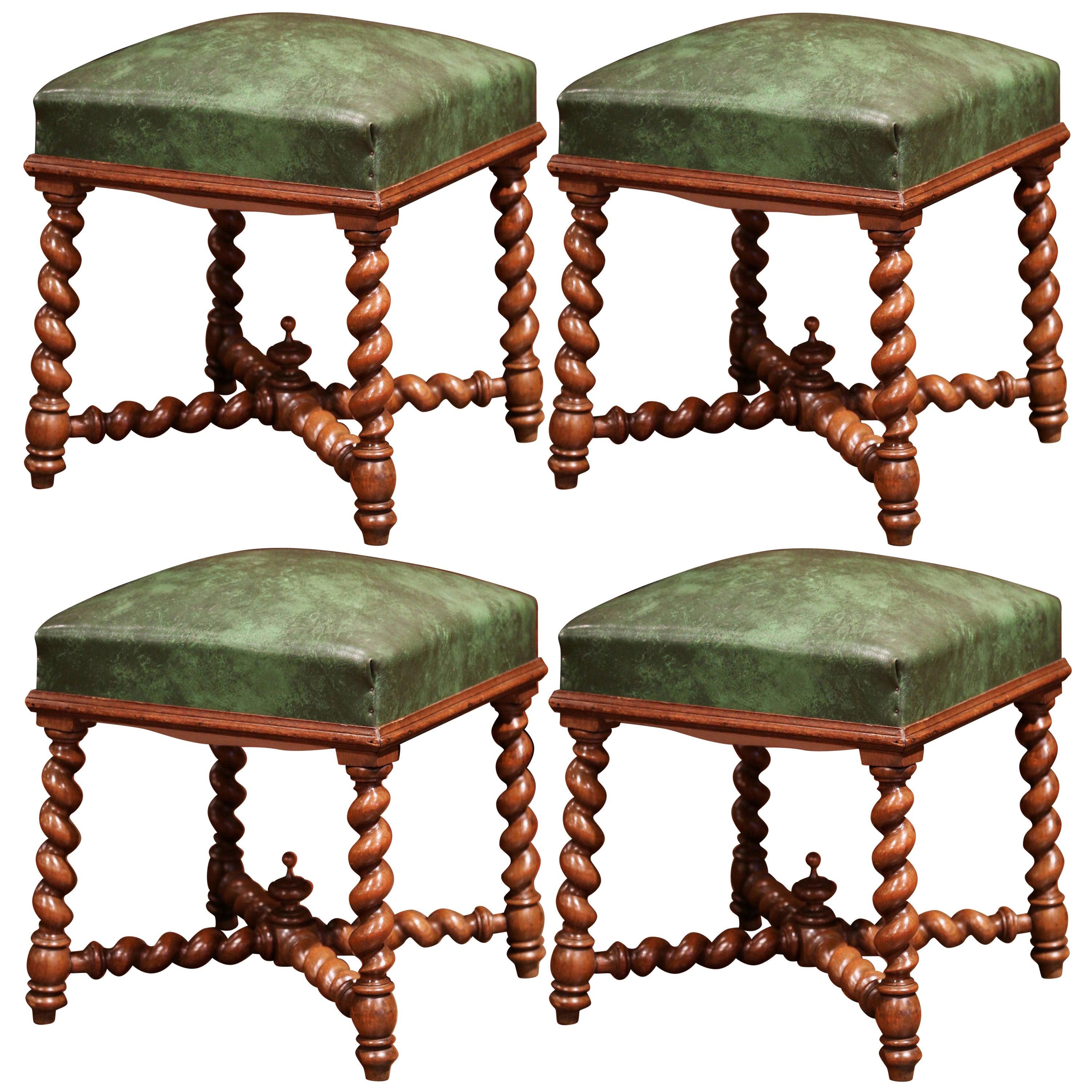 19th Century French Carved Barley Twist Walnut and Leather Stools, Set of Four