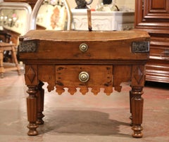 19th Century French Carved Beech and Iron Butcher Block with Meat Cleaver Knife