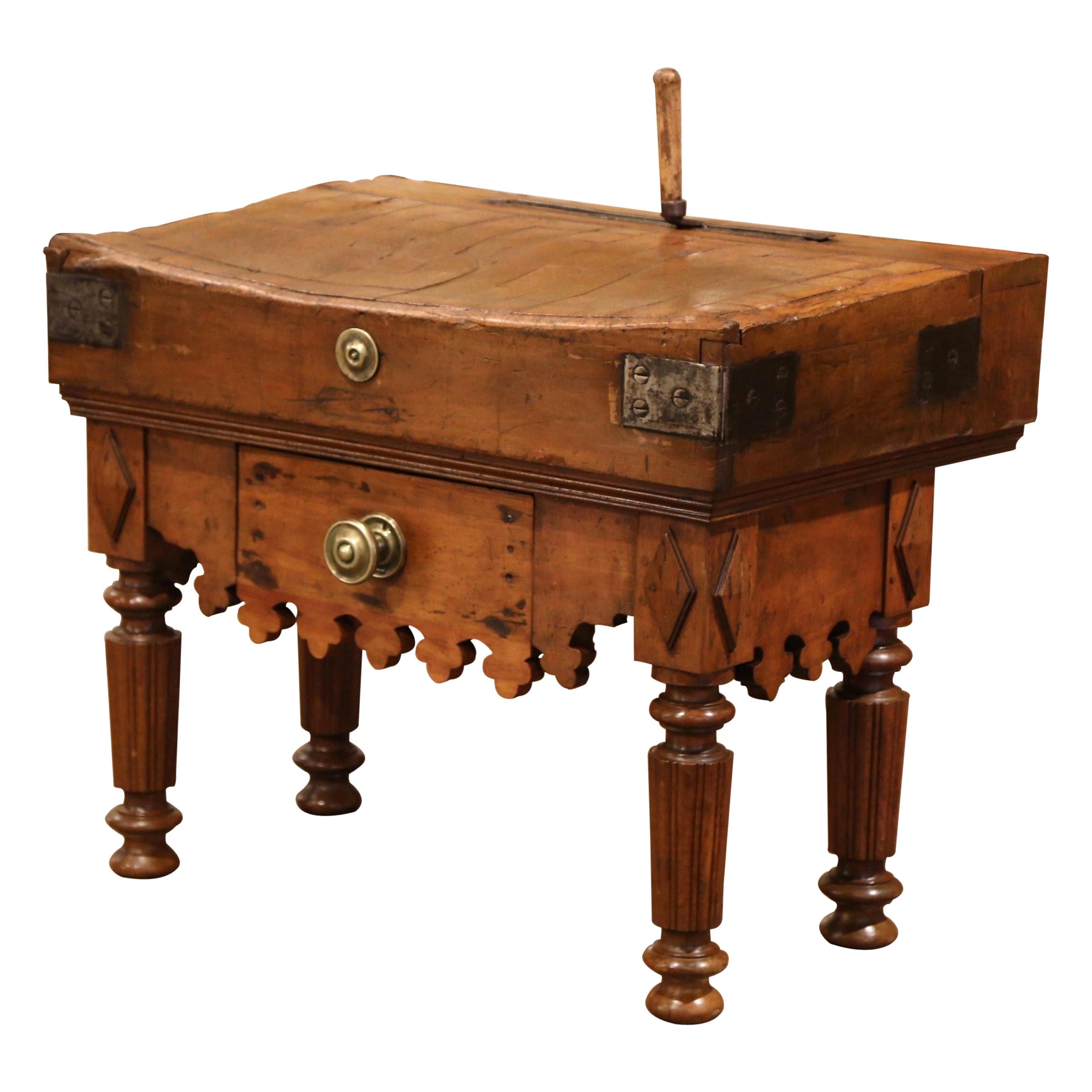 19th Century French Carved Beech and Iron Butcher Block with Meat Cleaver Knife