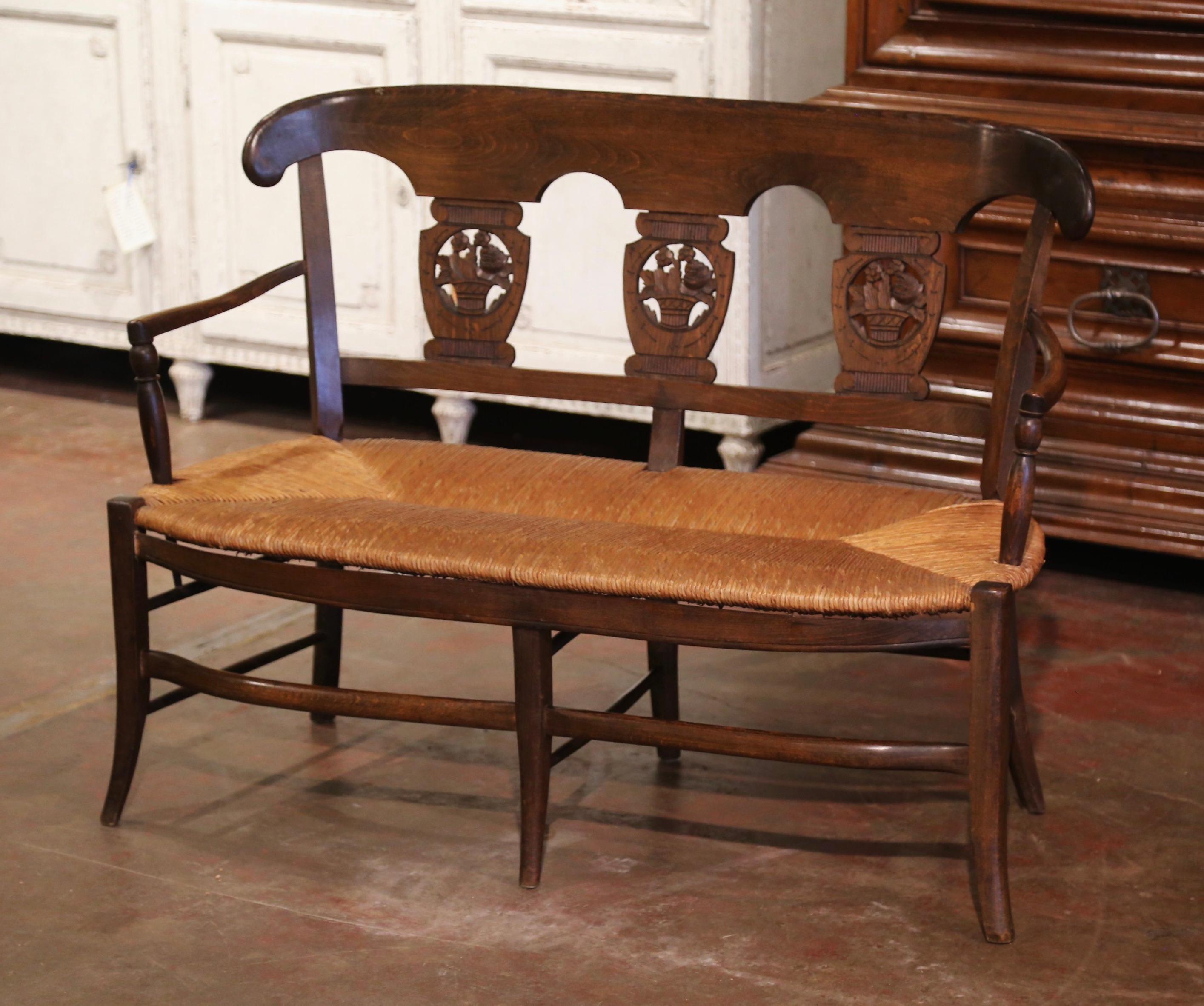 Louis Philippe 19th Century French Carved Beech Wood and Rush Settee Bench from Normandy