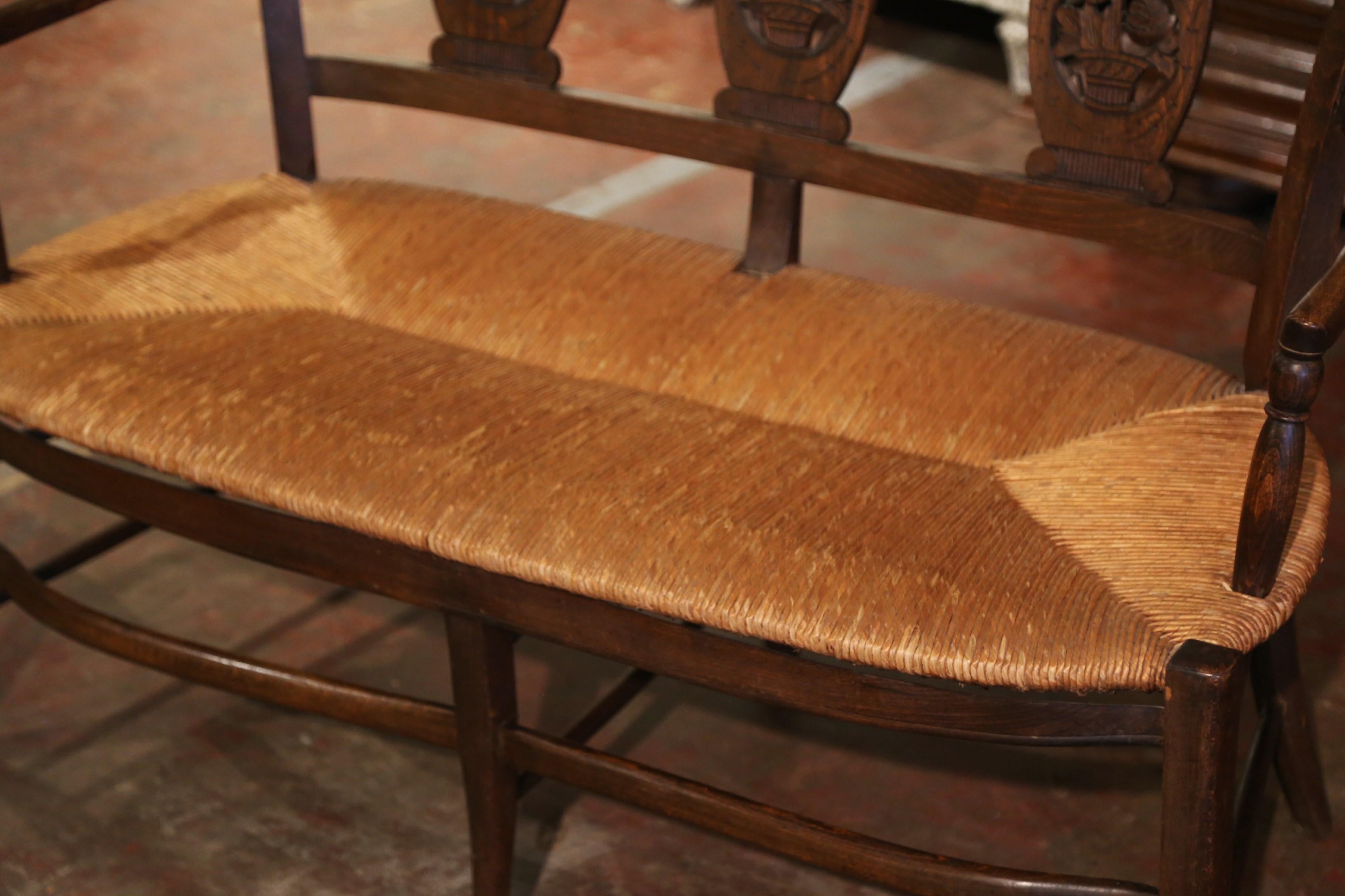 Patinated 19th Century French Carved Beech Wood and Rush Settee Bench from Normandy