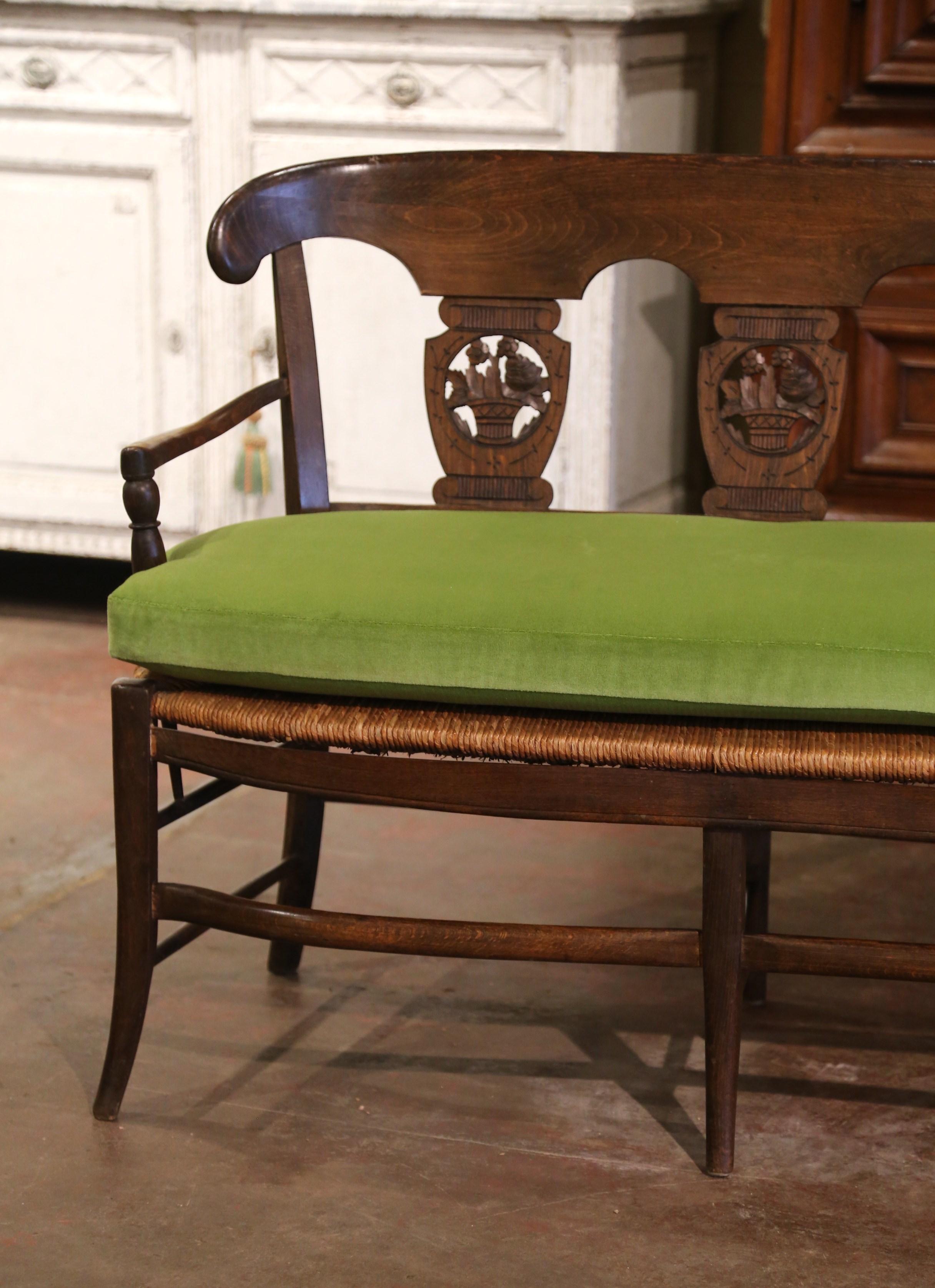 19th Century French Carved Beech Wood and Rush Settee Bench from Normandy 1