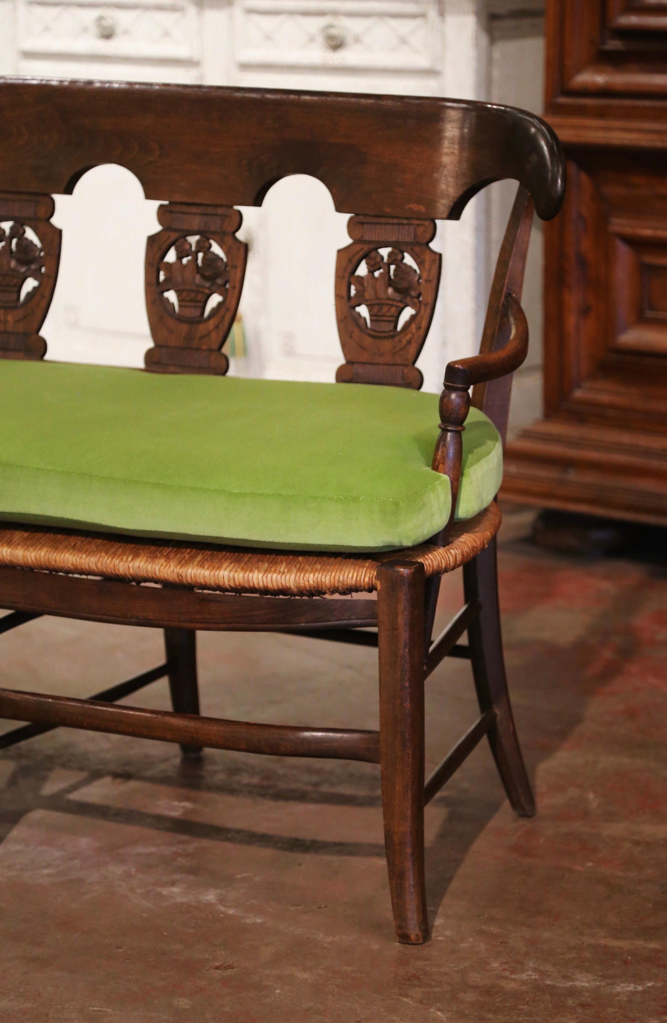 19th Century French Carved Beech Wood and Rush Settee Bench from Normandy 2