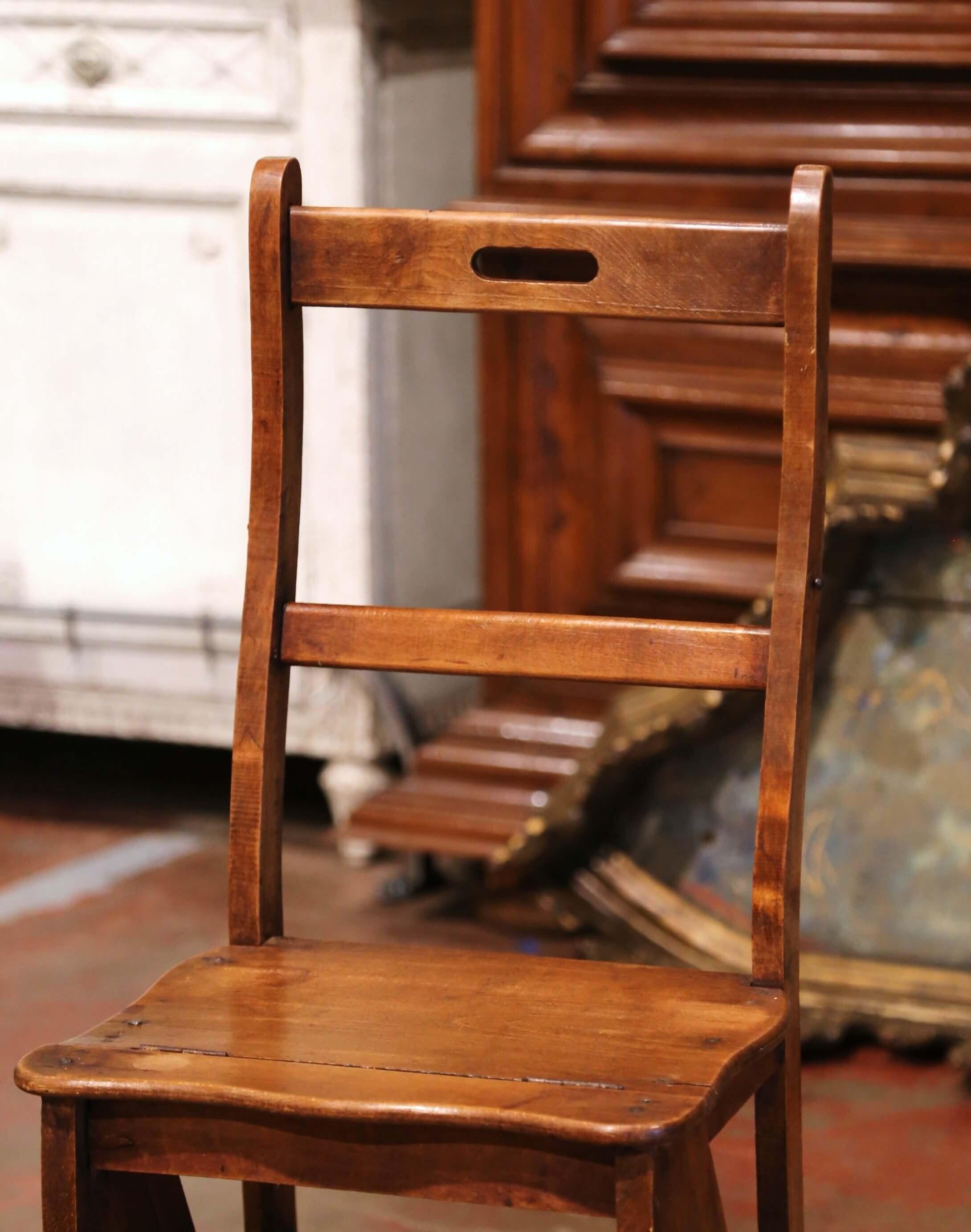 19th Century French Carved Beech Wood Chair Folding Step Ladder 2