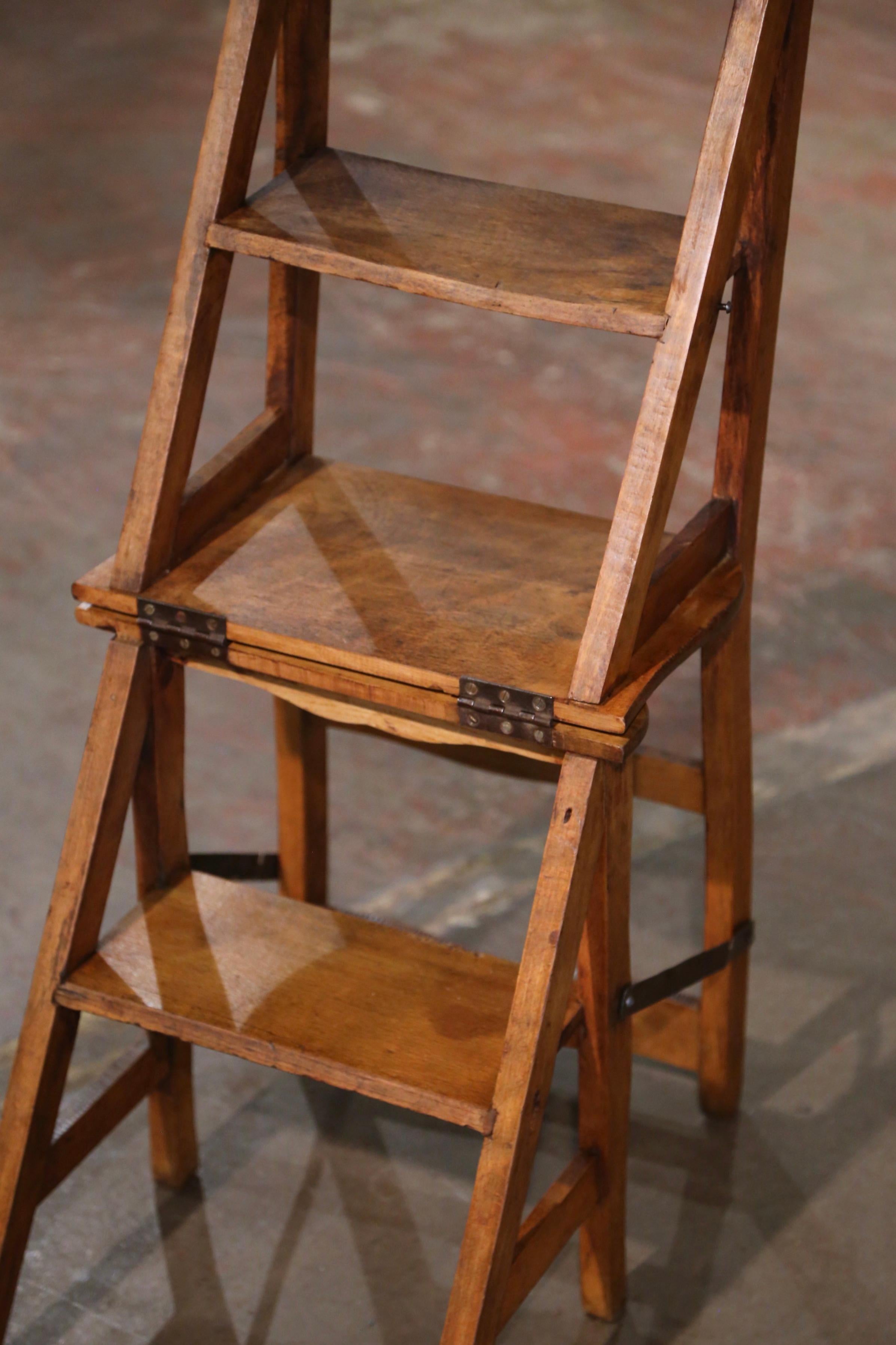 19th Century French Carved Beech Wood Chair Folding Step Ladder For Sale 2