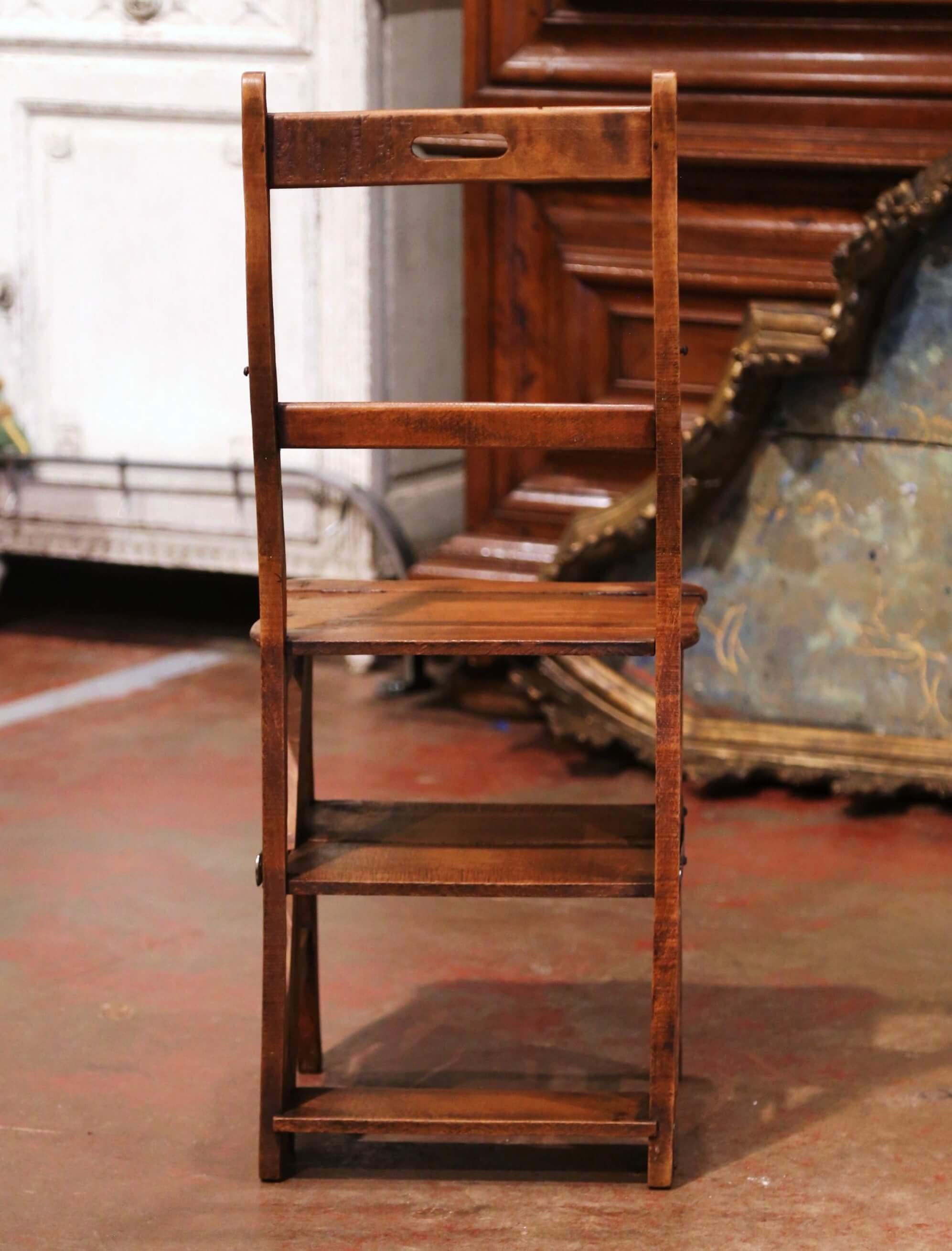19th Century French Carved Beech Wood Chair Folding Step Ladder 3