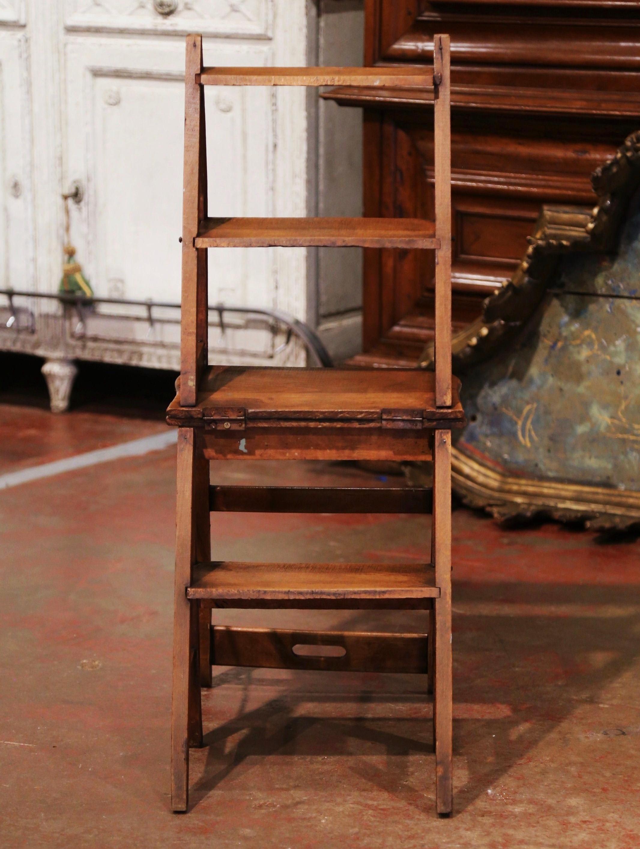 19th Century French Carved Beech Wood Chair Folding Step Ladder 7