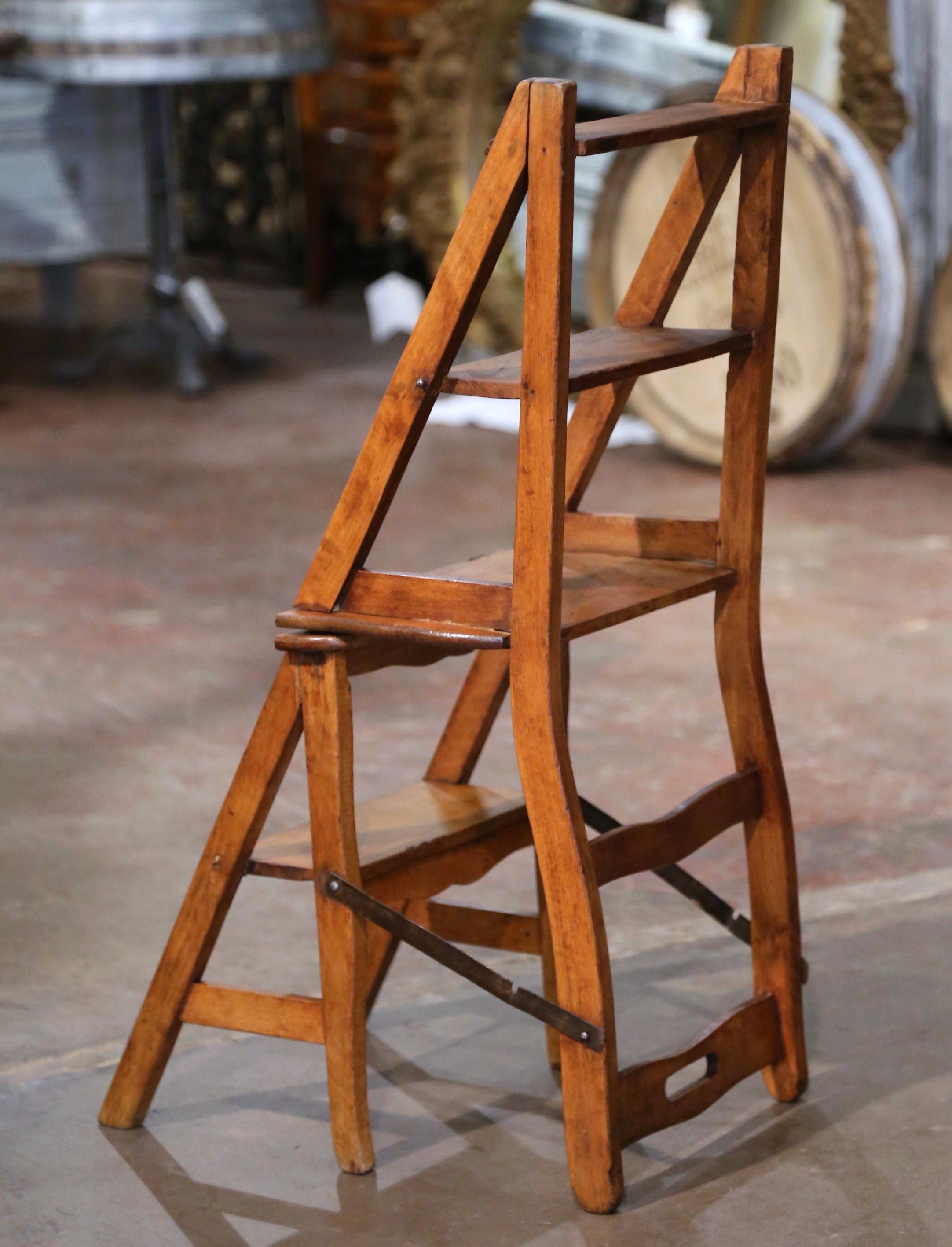 19th Century French Carved Beech Wood Chair Folding Step Ladder For Sale 4
