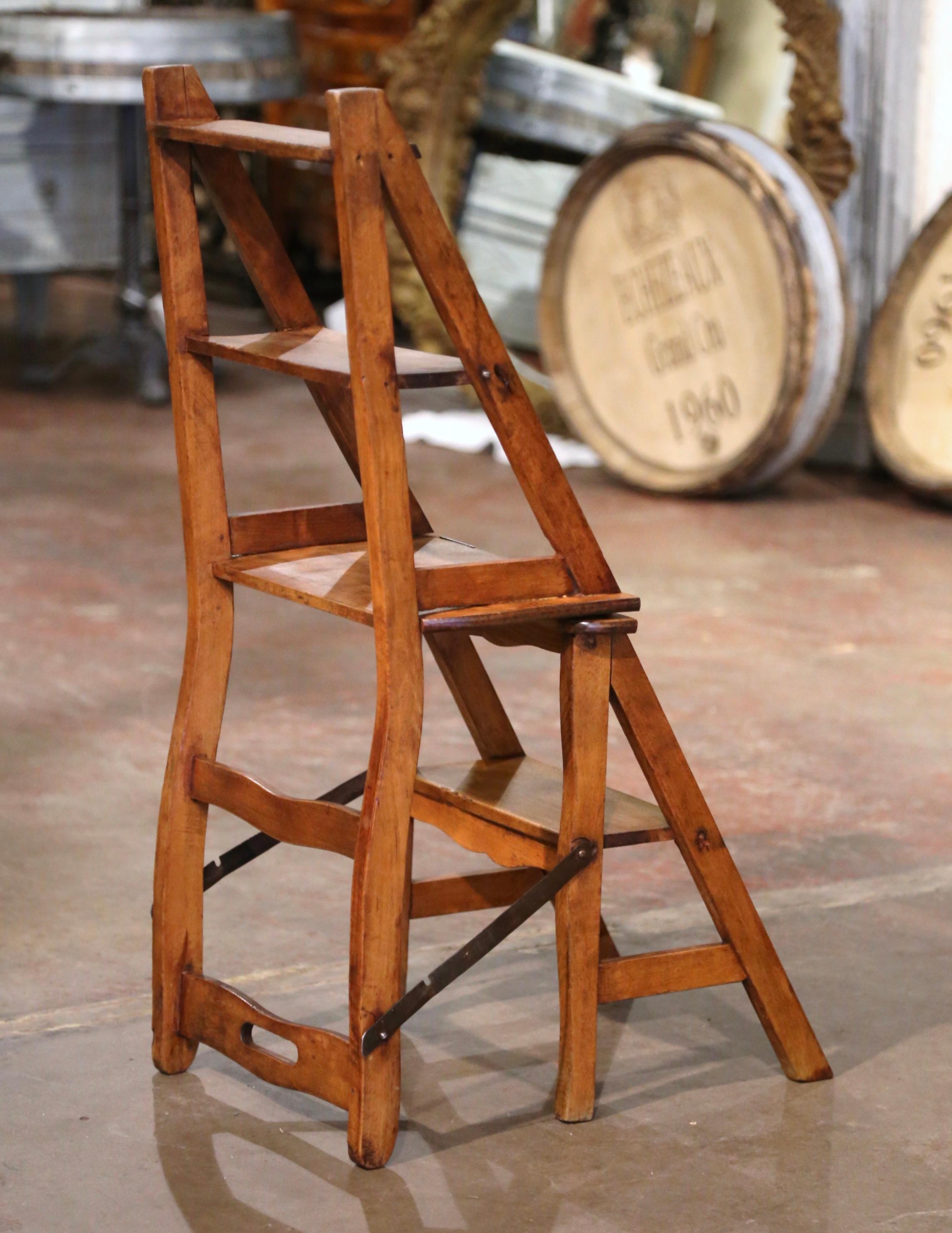 19th Century French Carved Beech Wood Chair Folding Step Ladder For Sale 5
