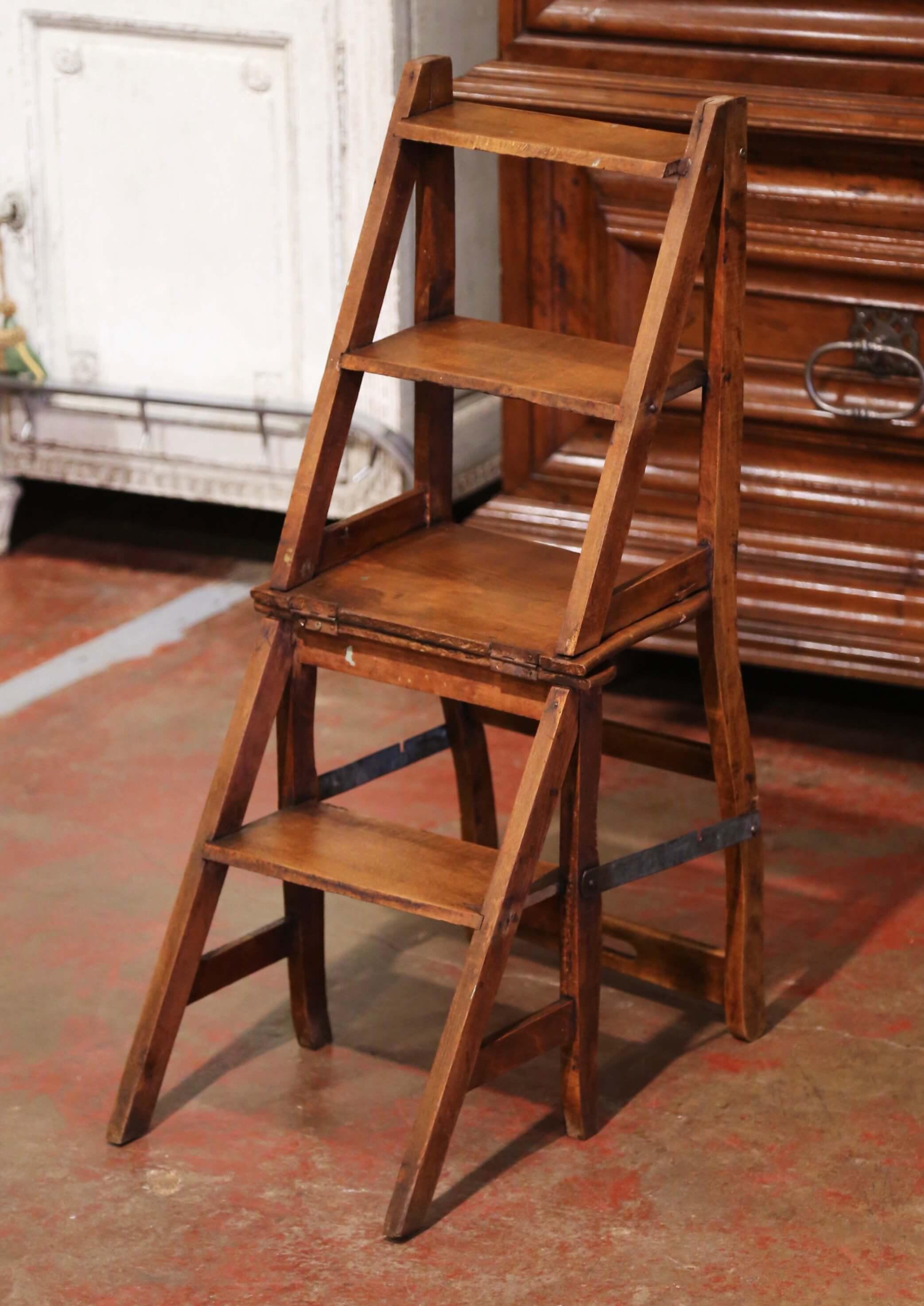 19th Century French Carved Beech Wood Chair Folding Step Ladder 6