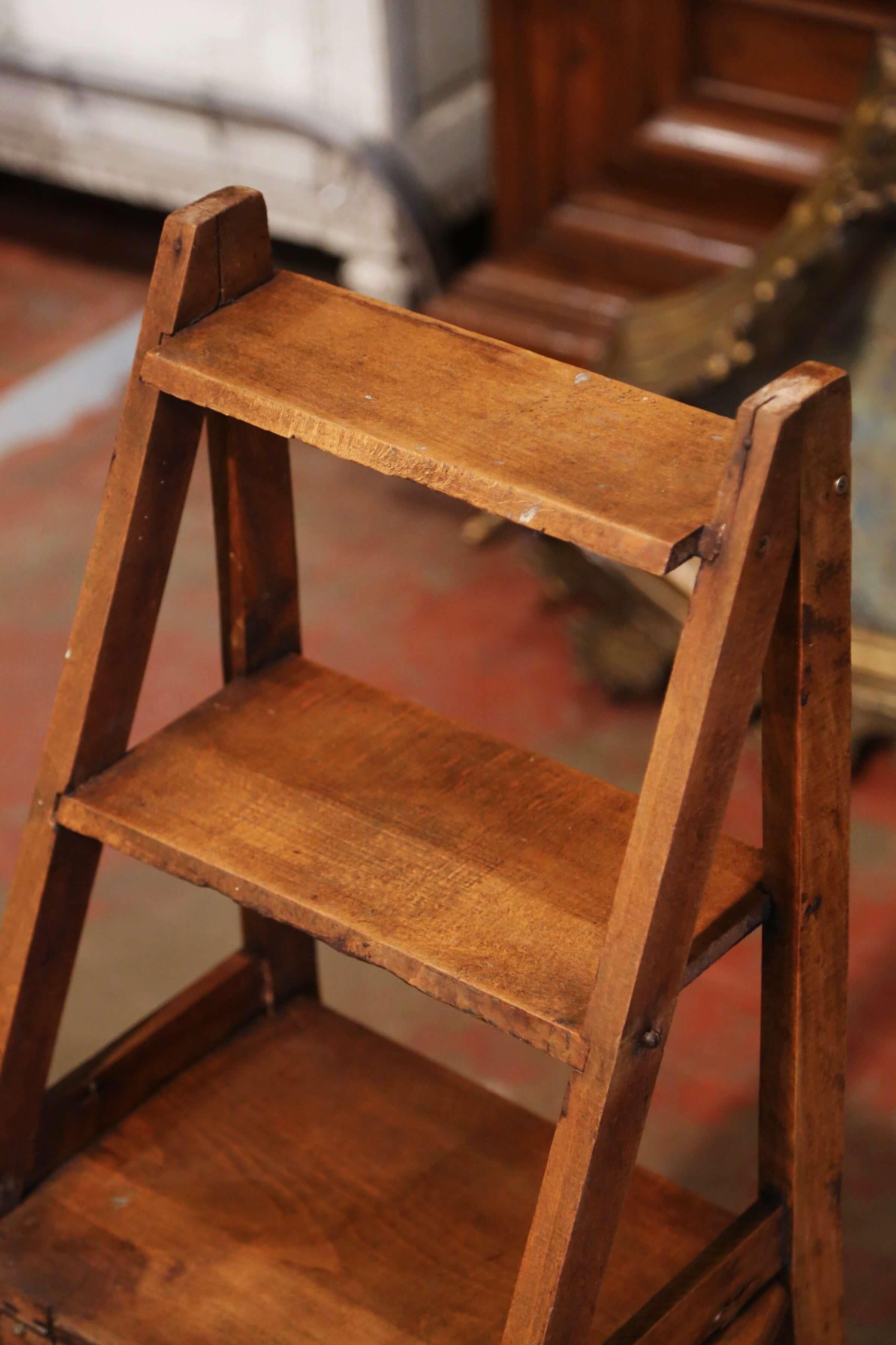 19th Century French Carved Beech Wood Chair Folding Step Ladder 7