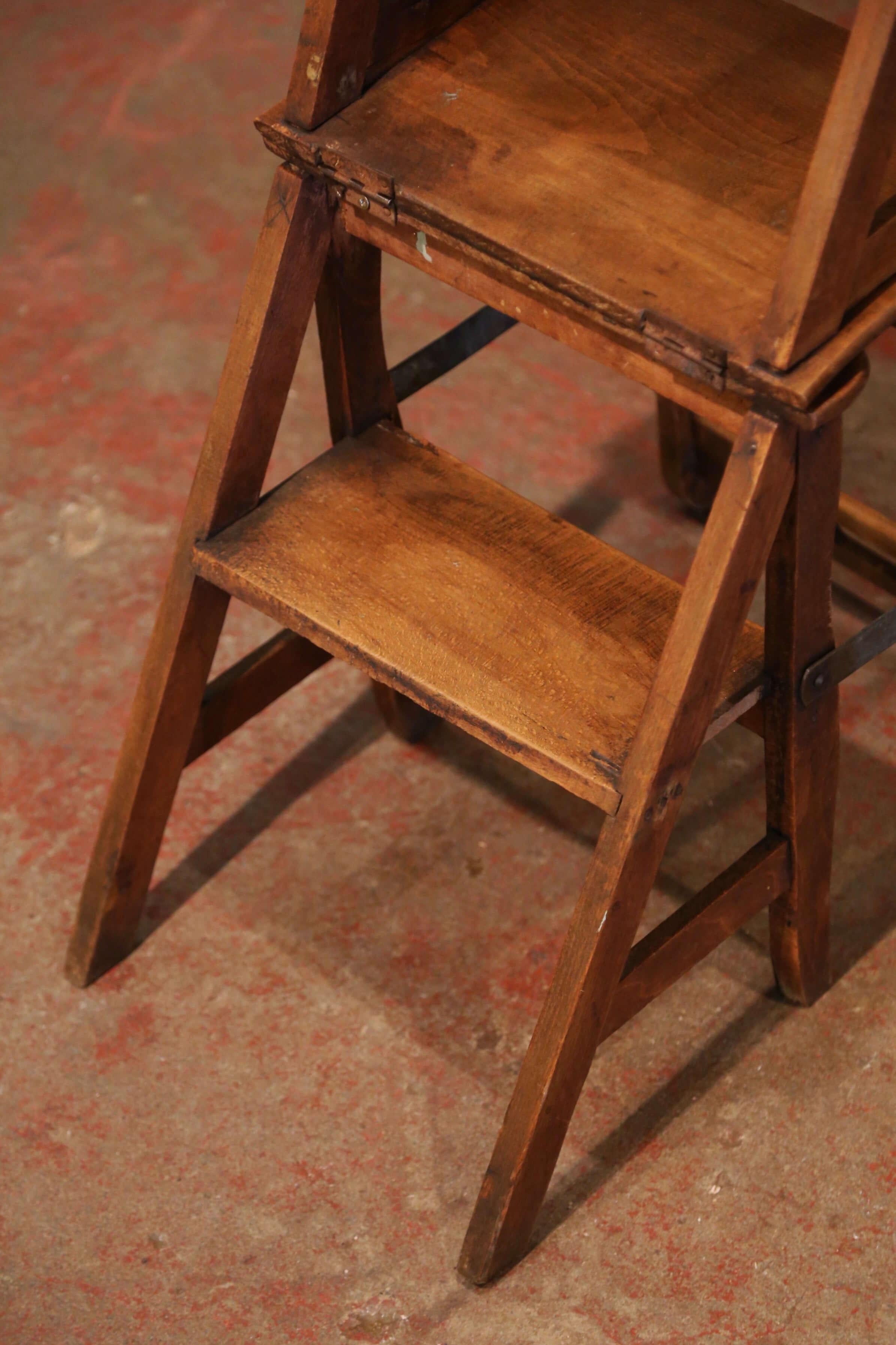 19th Century French Carved Beech Wood Chair Folding Step Ladder 8