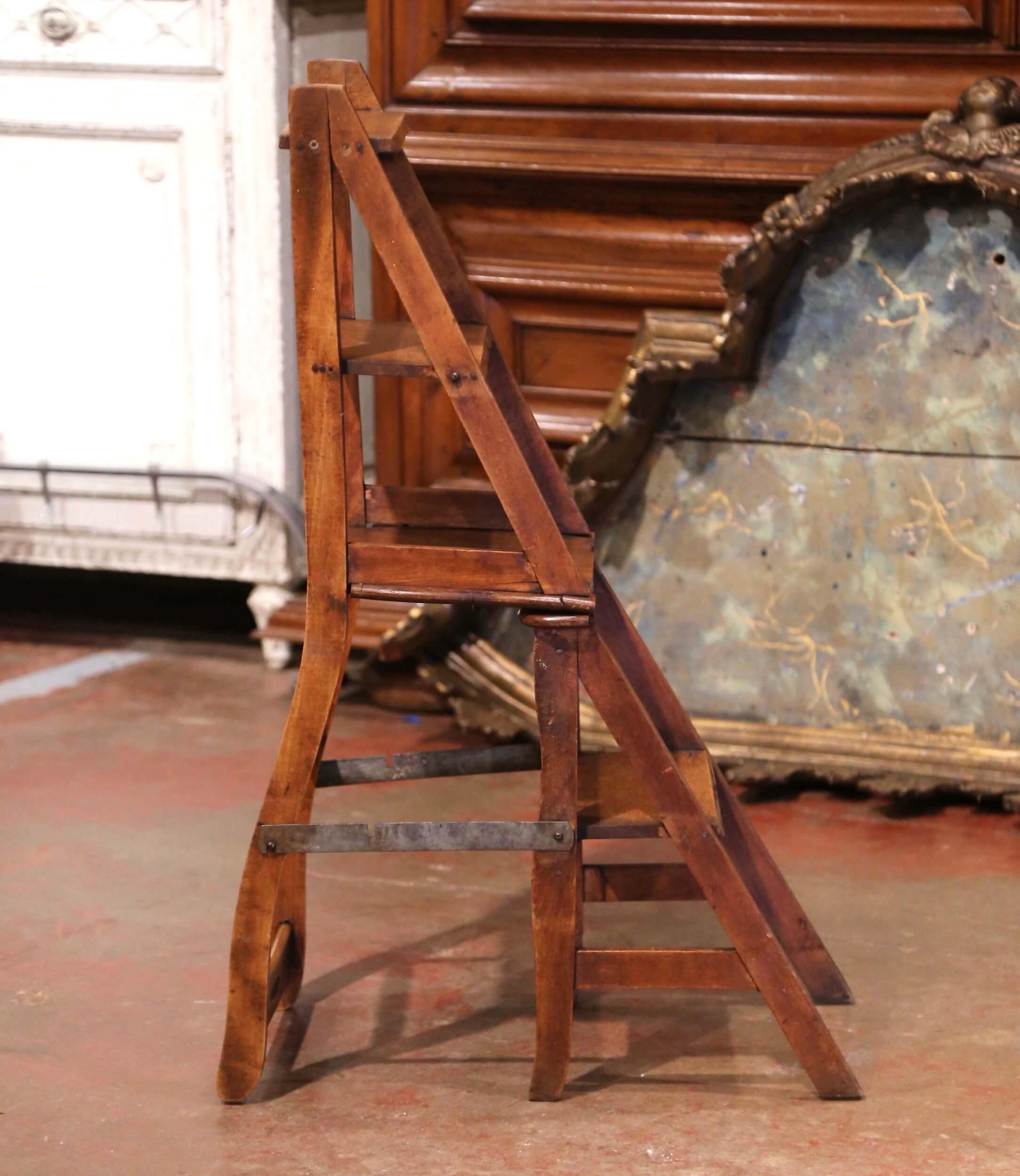 19th Century French Carved Beech Wood Chair Folding Step Ladder 9