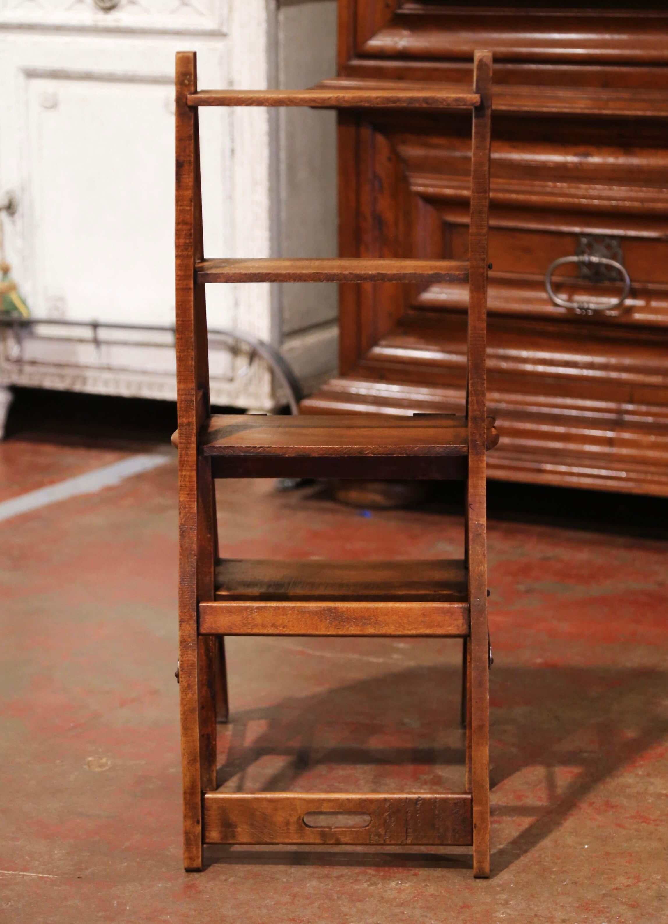 19th Century French Carved Beech Wood Chair Folding Step Ladder 11