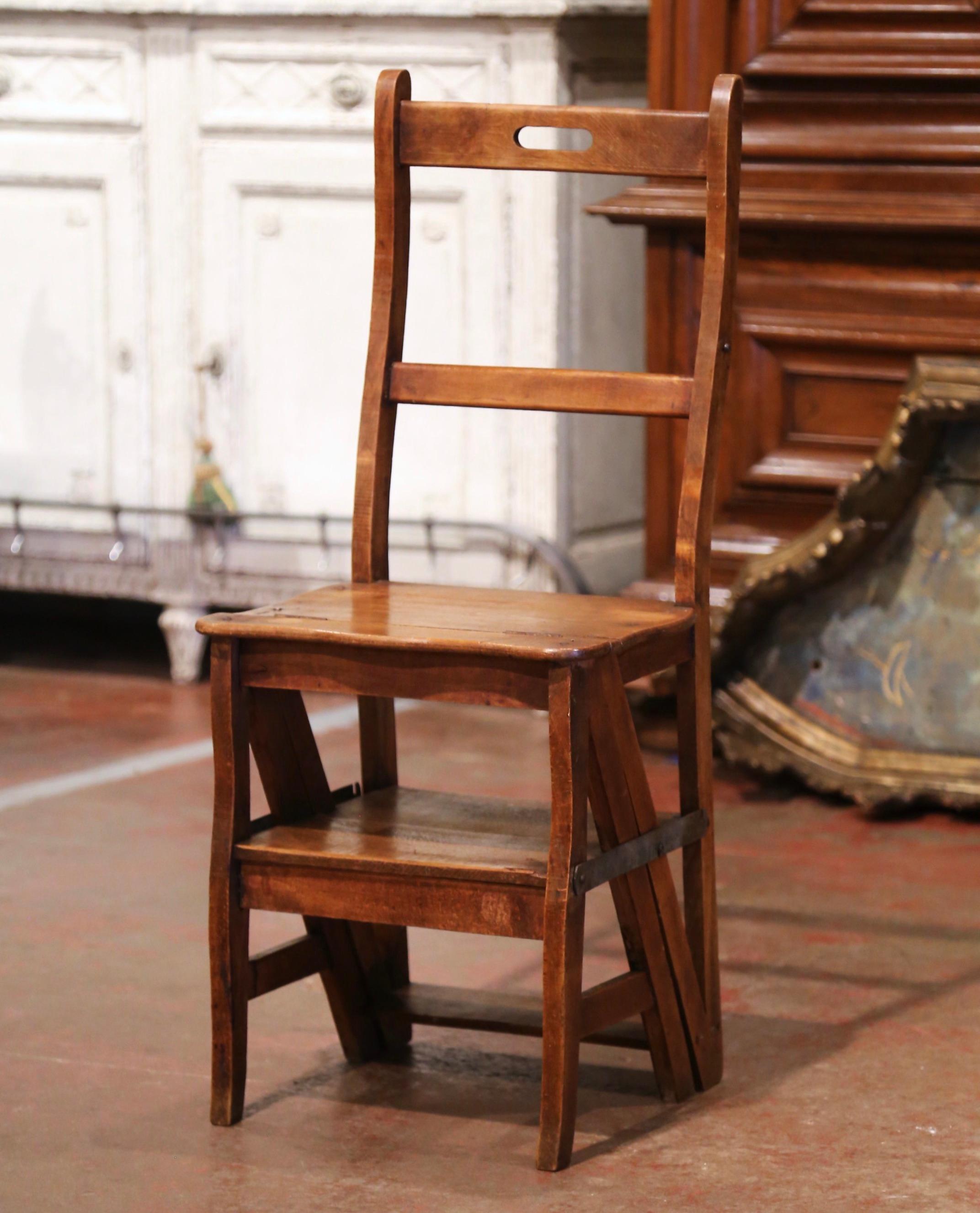 Decorate a library or study with this artisan-made folding step ladder chair. Crafted in Southern France circa 1880, the metamorphic chair features two carved ladders in the back with a handle for easy handle; the double-function piece is hinged so