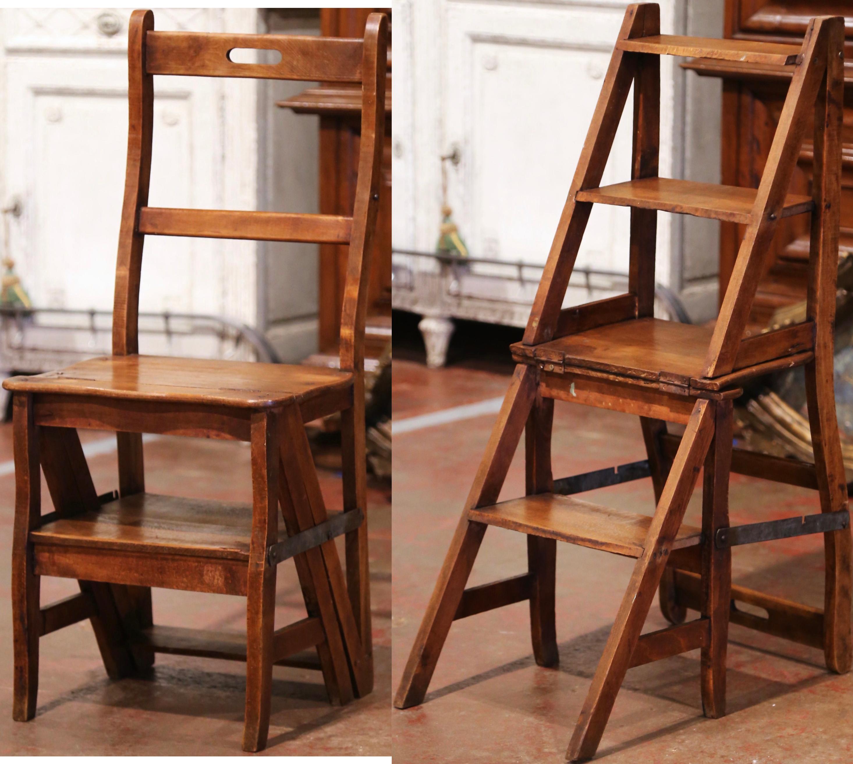 19th Century French Carved Beech Wood Chair Folding Step Ladder 15