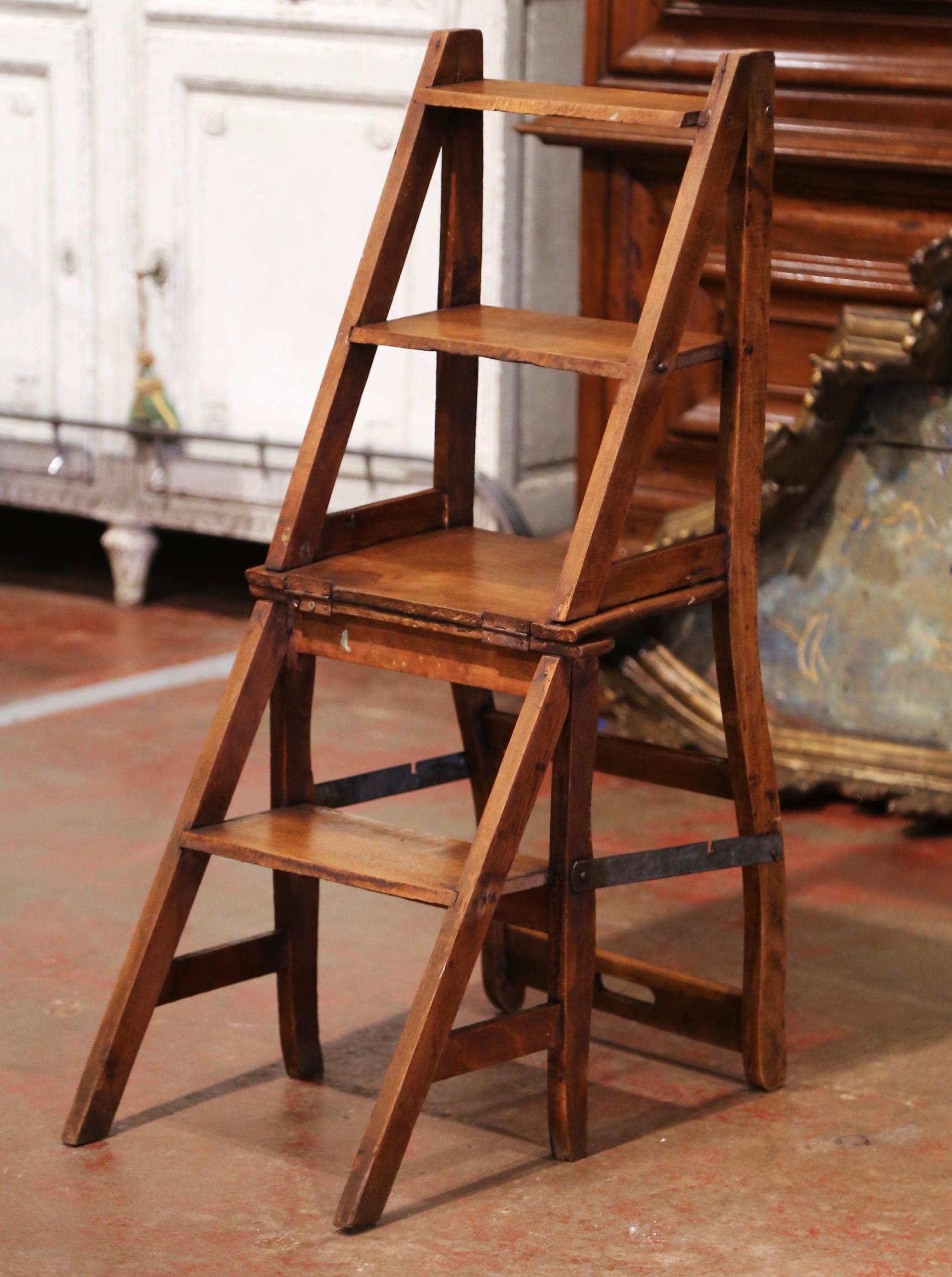 Country 19th Century French Carved Beech Wood Chair Folding Step Ladder