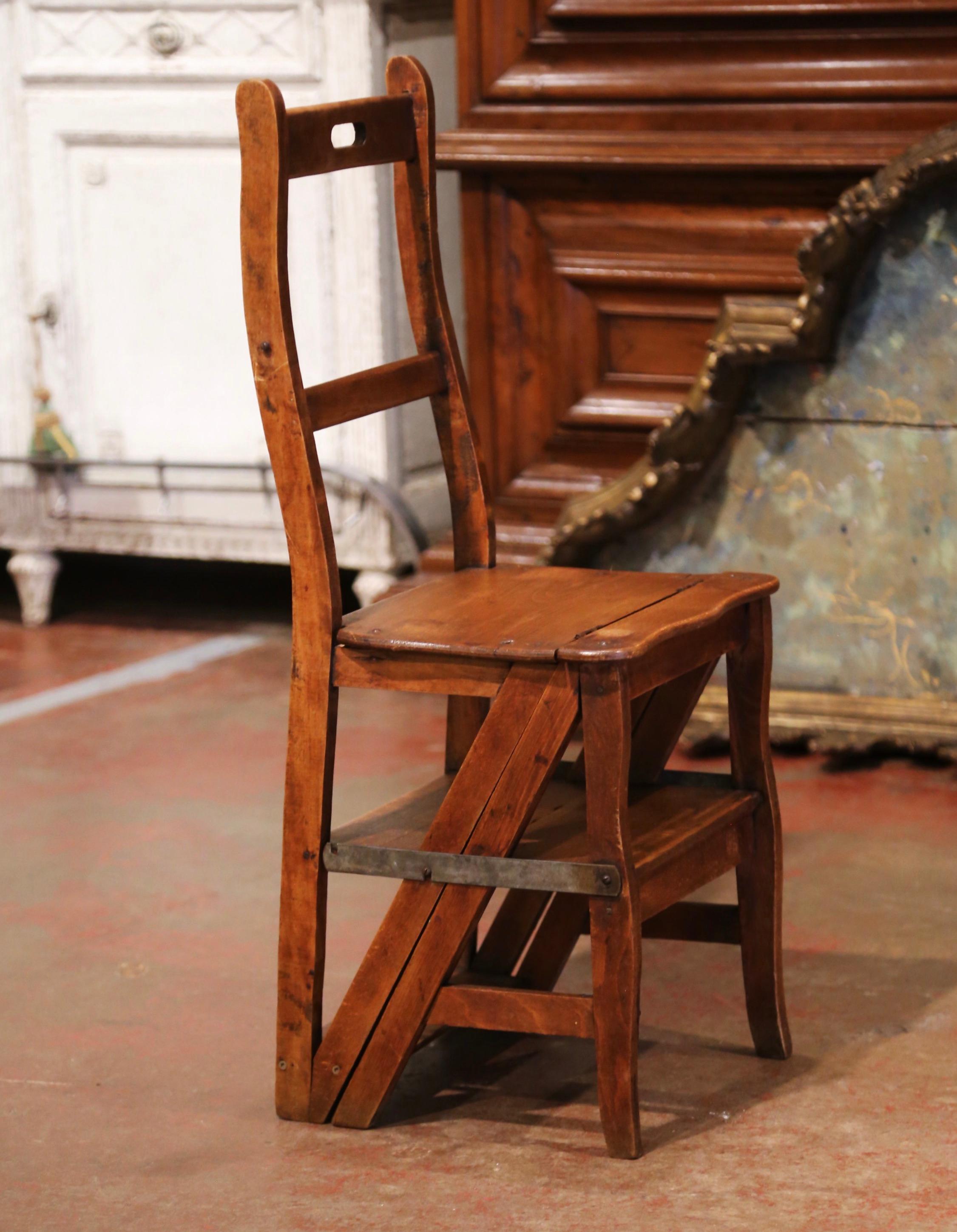 Patinated 19th Century French Carved Beech Wood Chair Folding Step Ladder