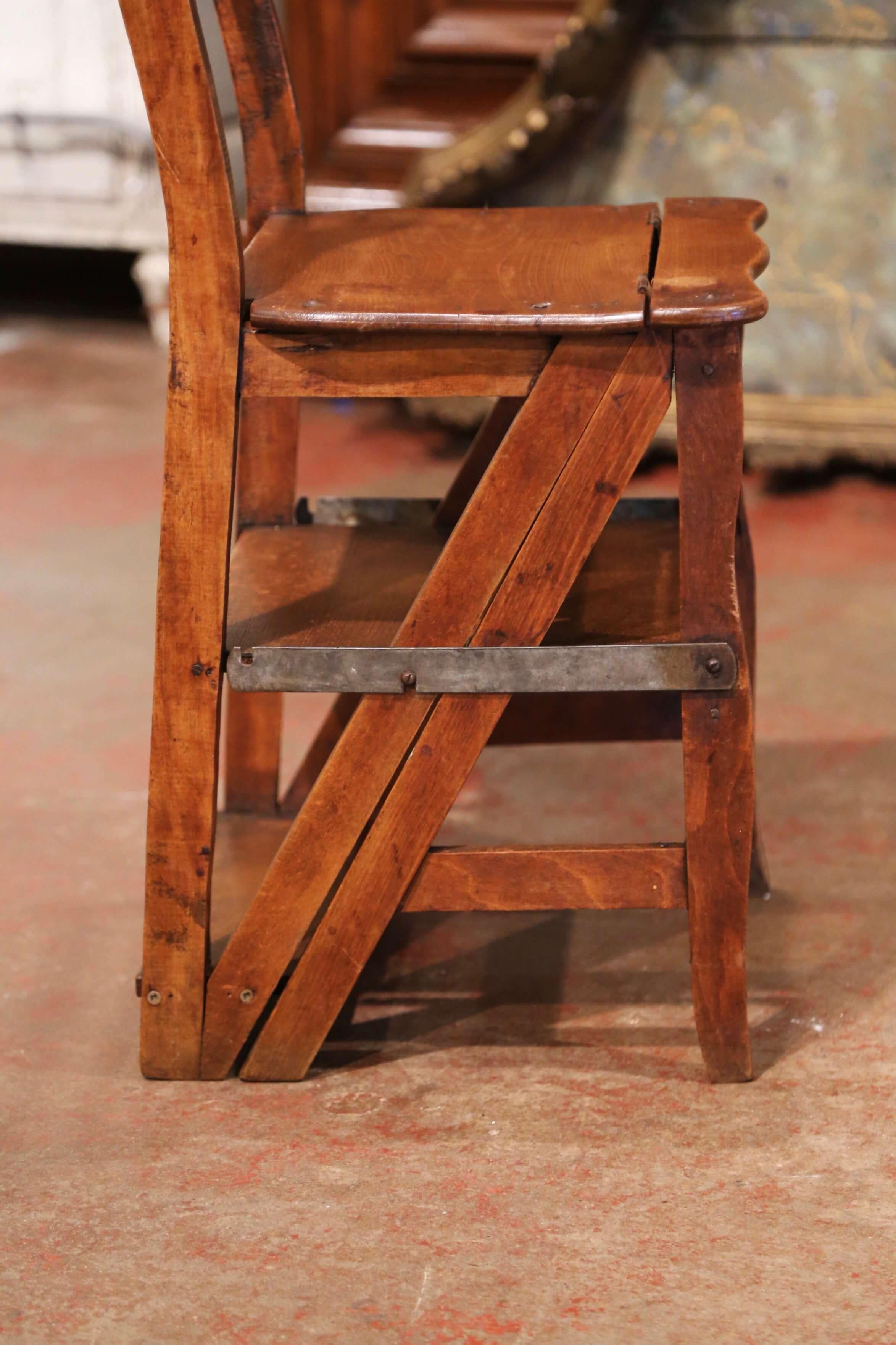 Country 19th Century French Carved Beech Wood Chair Folding Step Ladder