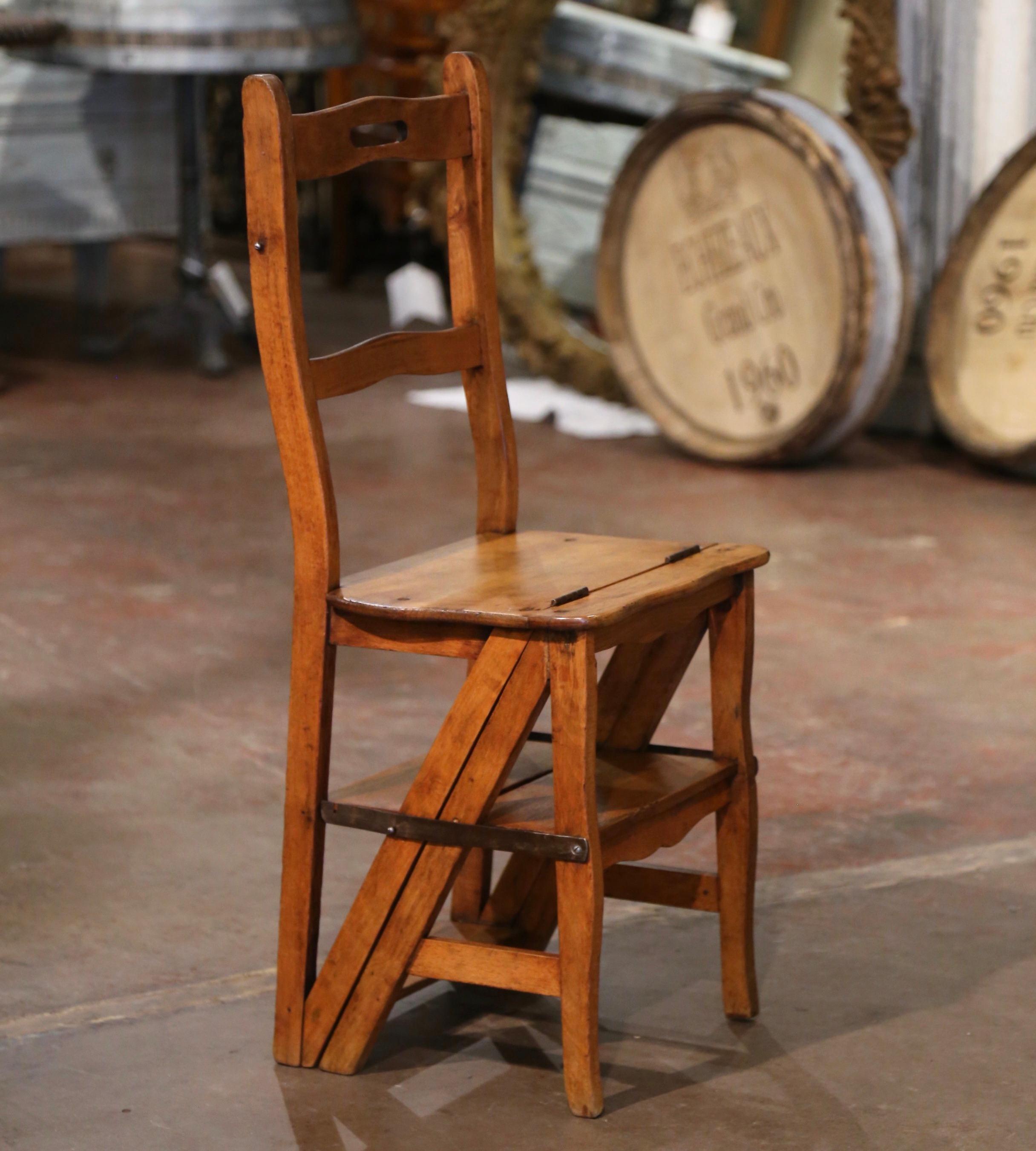 Country 19th Century French Carved Beech Wood Chair Folding Step Ladder For Sale