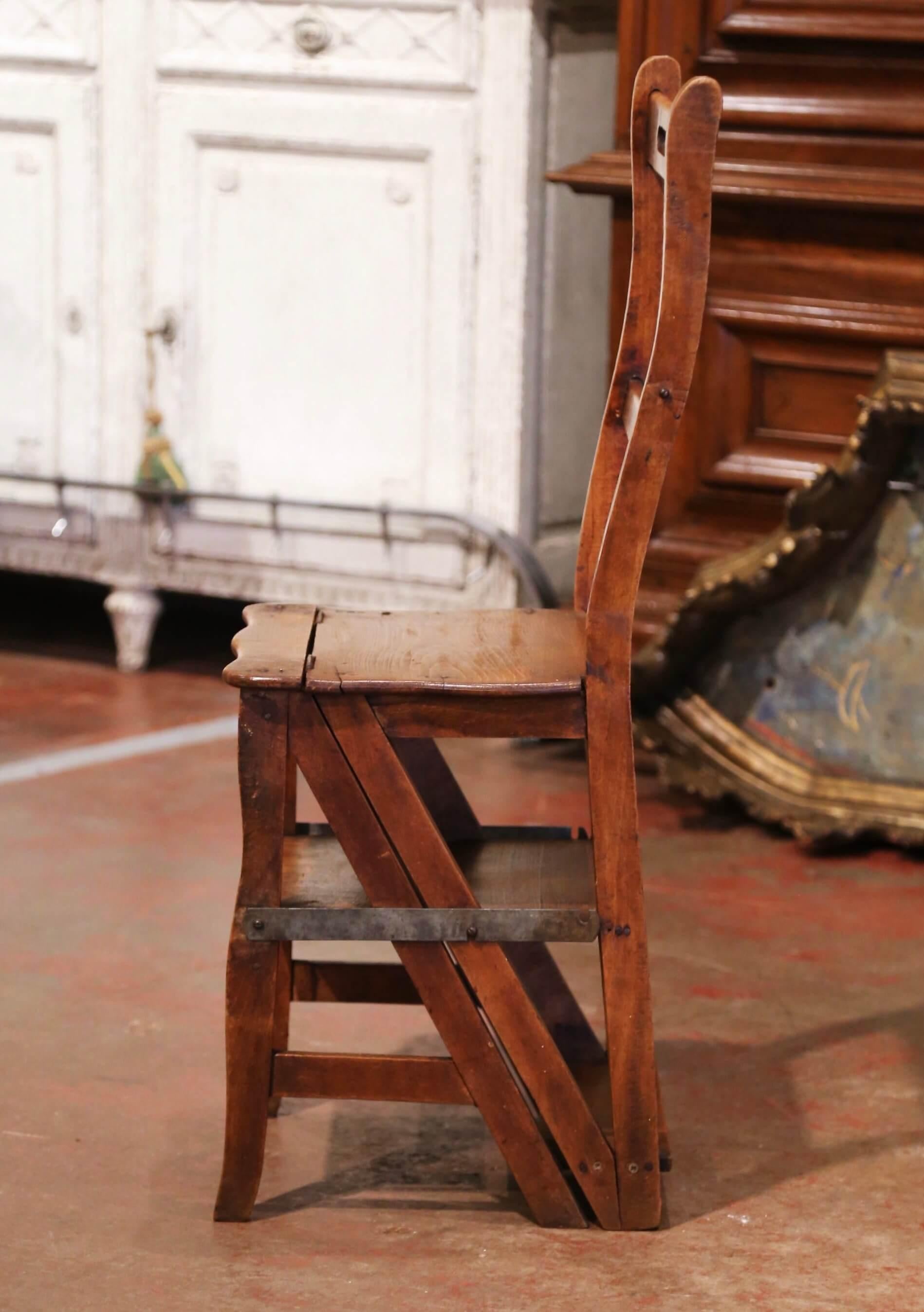 Hand-Carved 19th Century French Carved Beech Wood Chair Folding Step Ladder