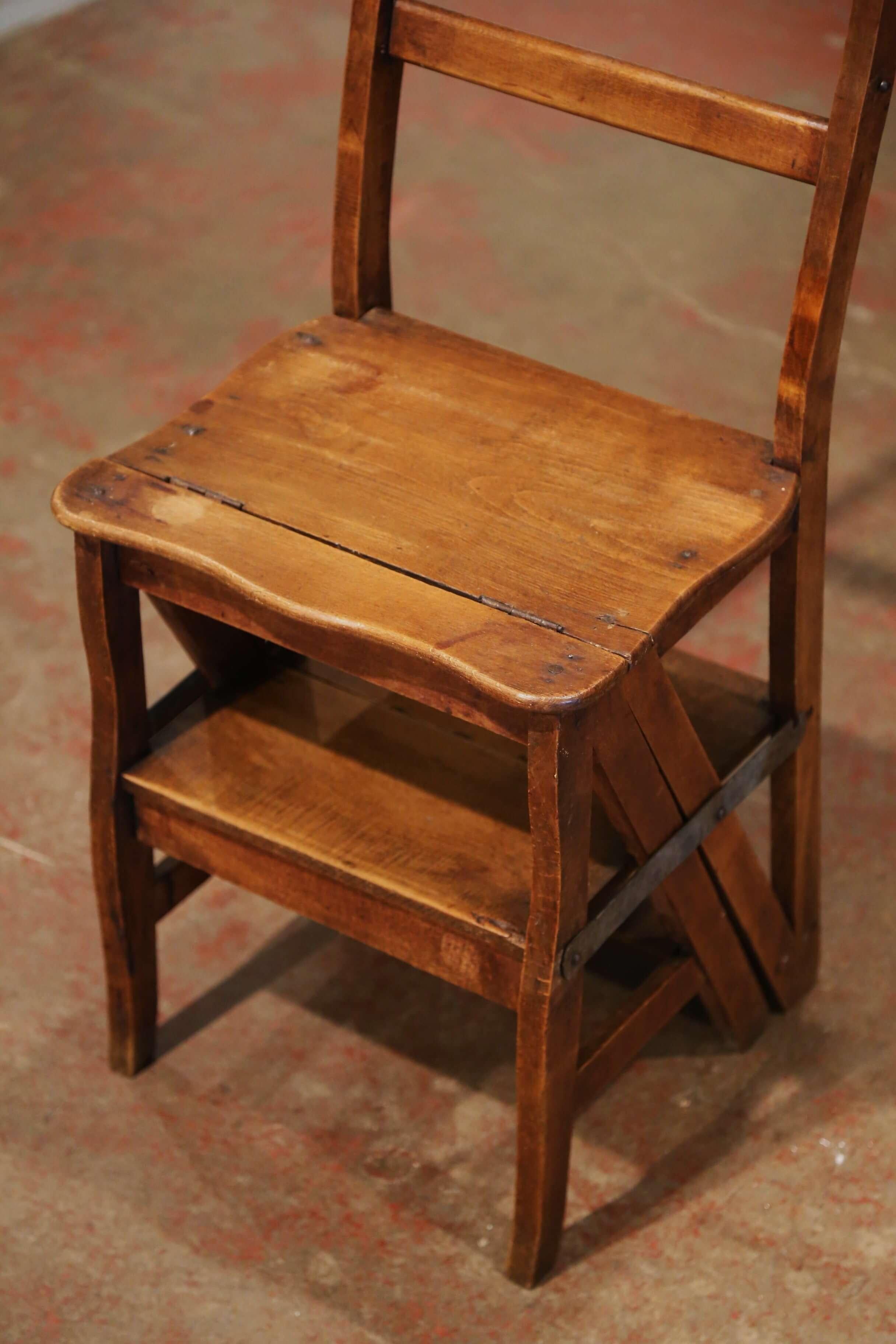19th Century French Carved Beech Wood Chair Folding Step Ladder In Excellent Condition In Dallas, TX