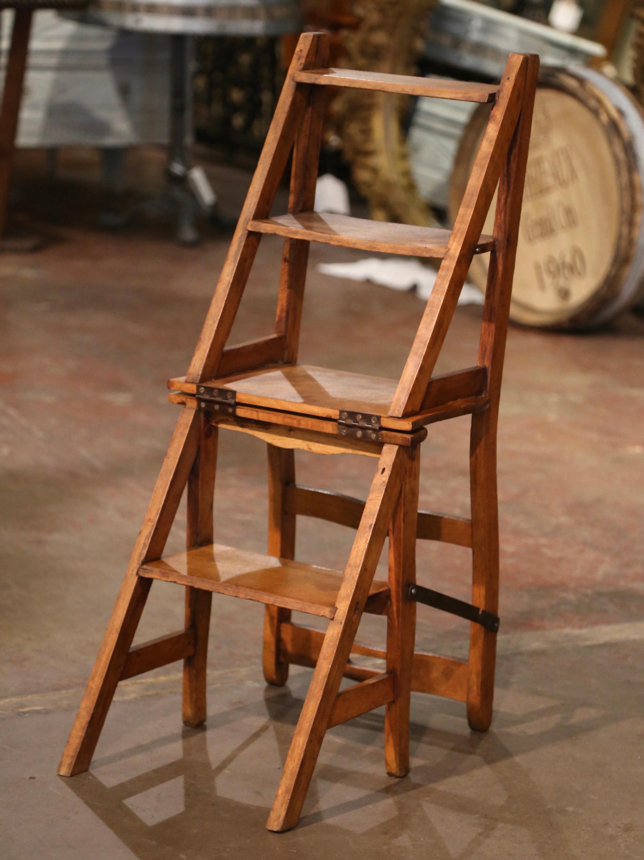 19th Century French Carved Beech Wood Chair Folding Step Ladder In Excellent Condition For Sale In Dallas, TX