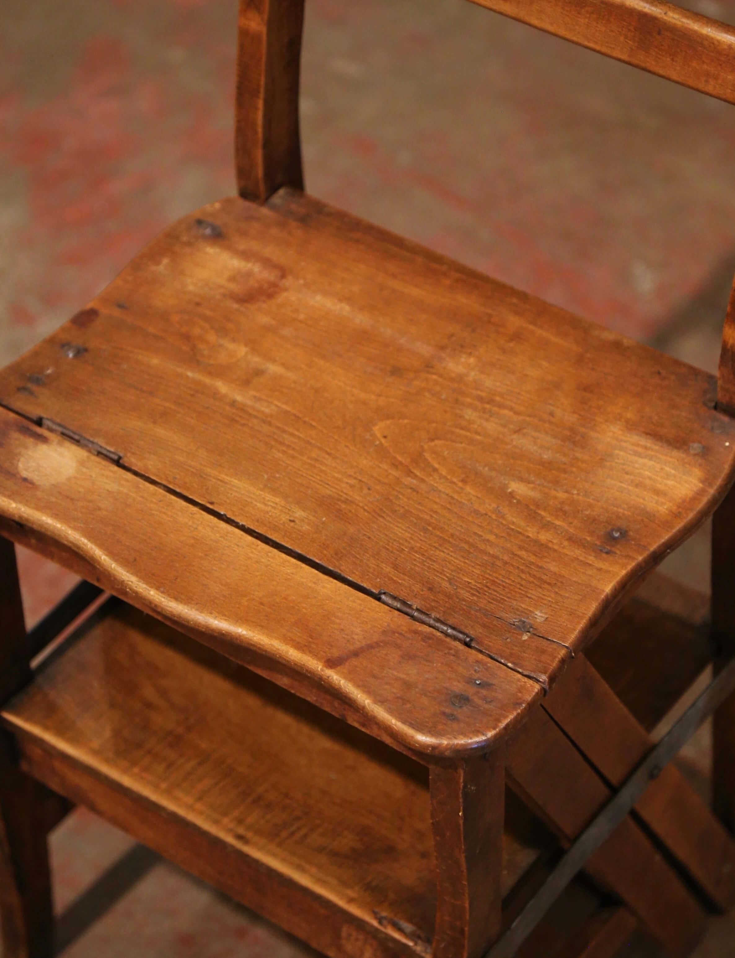 19th Century French Carved Beech Wood Chair Folding Step Ladder 1