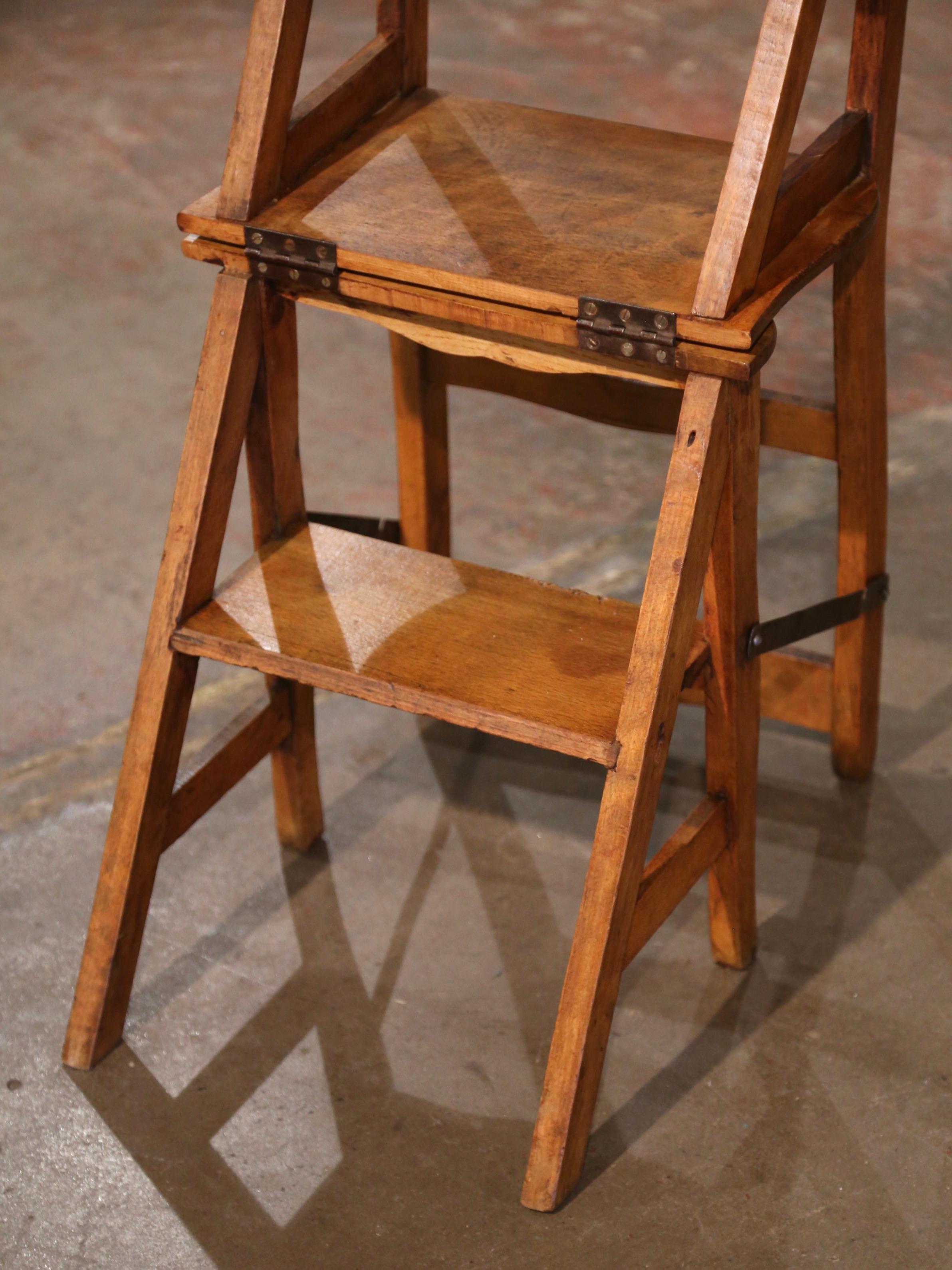 19th Century French Carved Beech Wood Chair Folding Step Ladder For Sale 1