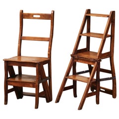 19th Century French Carved Beech Wood Chair Folding Step Ladder