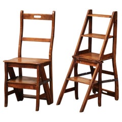 Used 19th Century French Carved Beech Wood Chair Folding Step Ladder