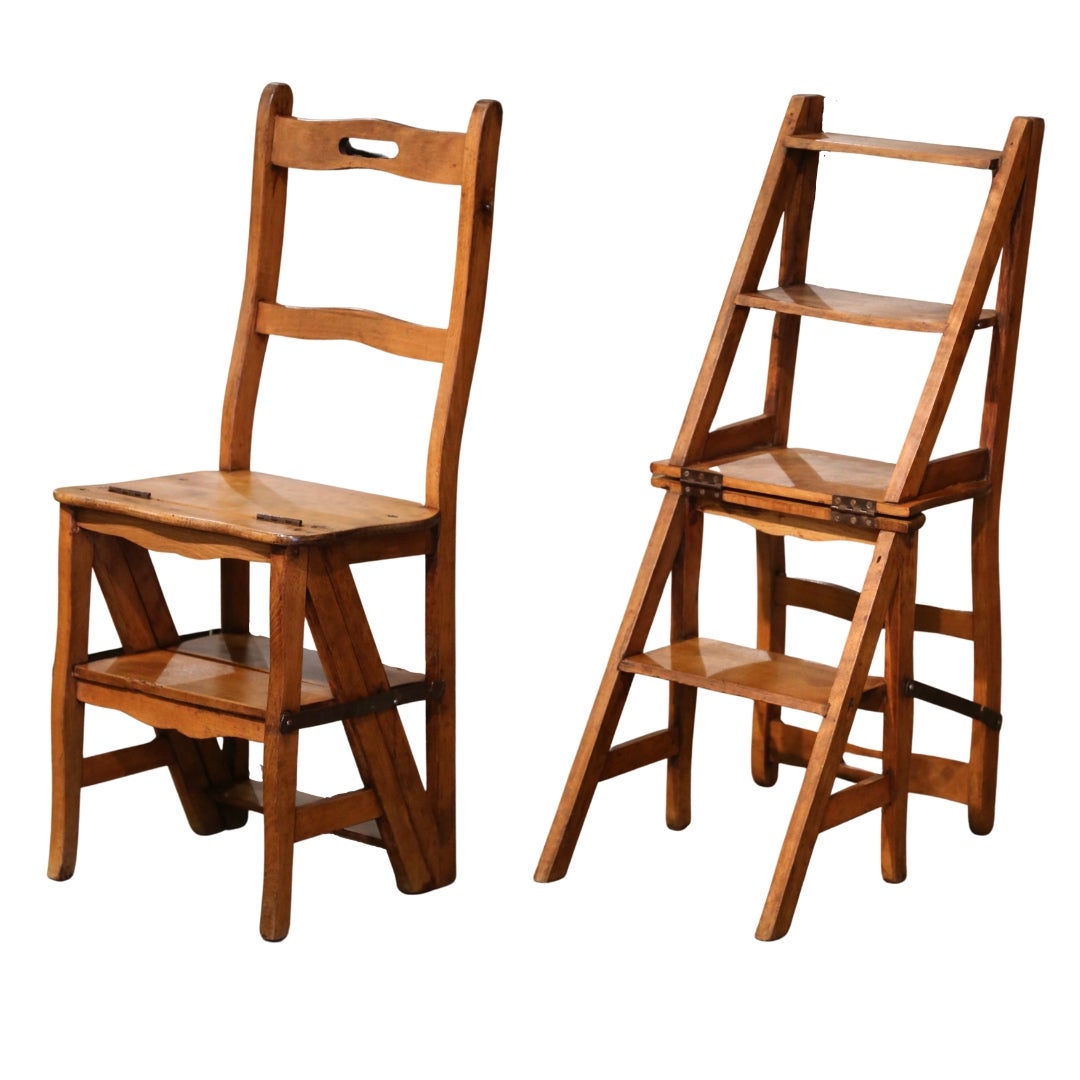 19th Century French Carved Beech Wood Chair Folding Step Ladder For Sale